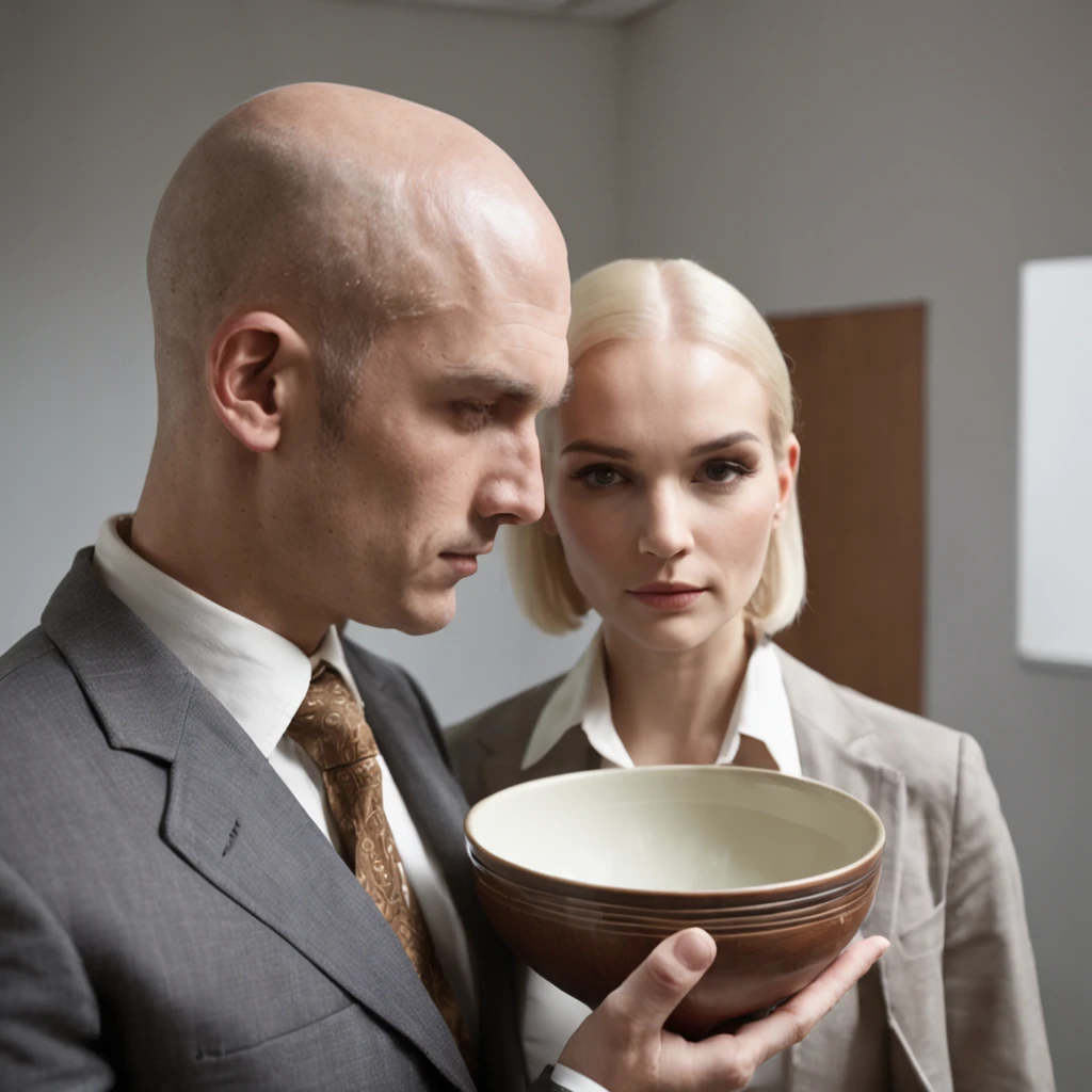 "vue de profil, corps entier, A man with bald temples in a suit and a woman with blond hair cut with a bowl, Standing face to face, in a classic 70s office, Style of the 70s, шедевр."