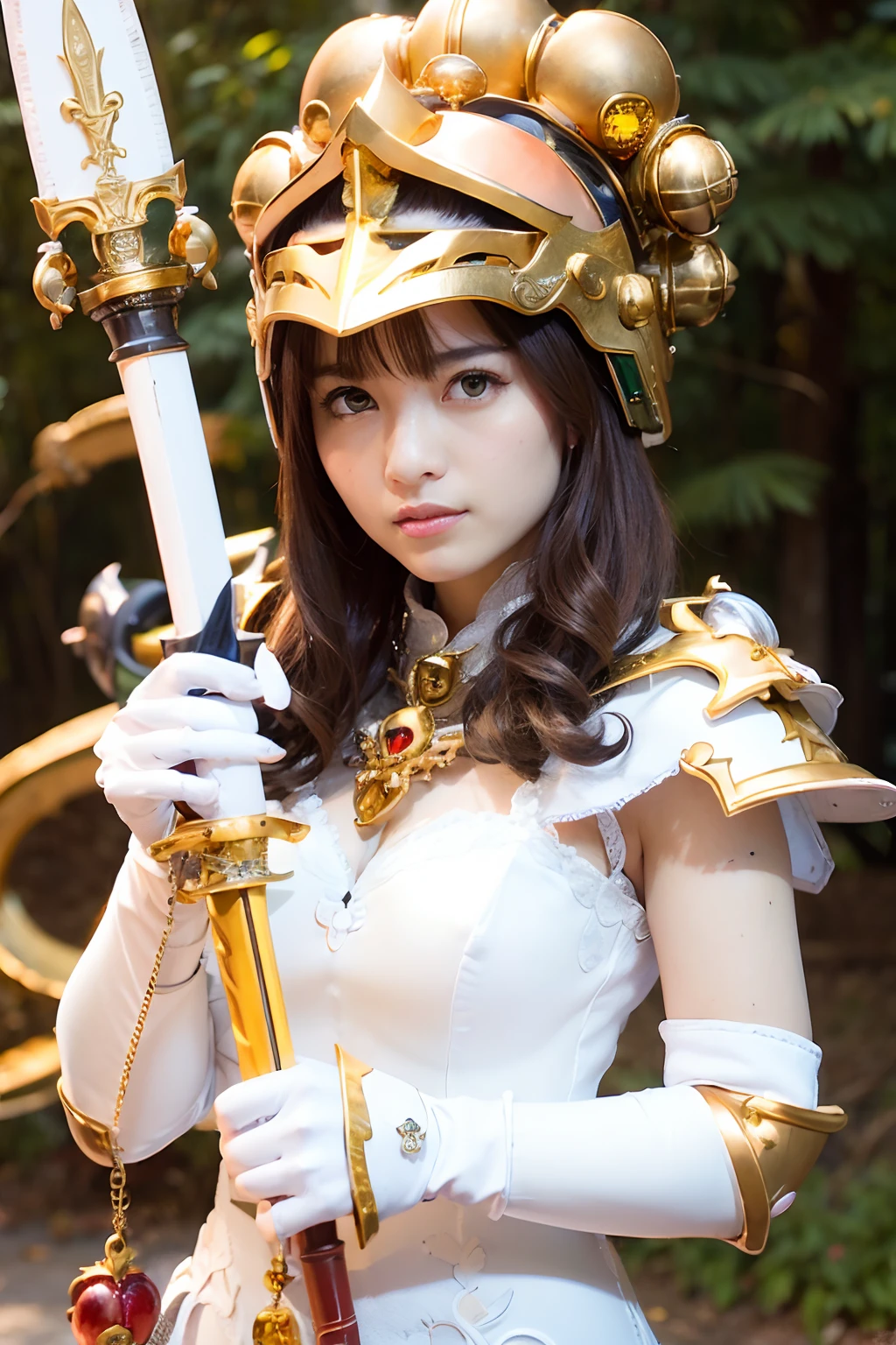 (masutepiece), Professional , ​masterpiece、top-quality、photos realistic , depth of fields ,（Wind element），close-up，dream magical，tornado，Lightning，cleavage of the breast、（Gemstone Gold Jewel Body:1.６),(Matte White、Jewel Gold Weapon_、（Metal:1.４),Gorgeous Jewel Metal Weapons ,(( Detailed Sword of the Brave)) ,（Stand in front of the dragon）、（magic circles、Magic Chanting）、  Castle background  ,warhammer 40k , adepta sororitas,Wear a gorgeous jewel helmet with attention to detail、Brown hair、（(Gangle's forest background))、Beautiful Caucasian beauty、１a person、dynamic ungle,(((Legendary Armor Jewelry Helmet)))、Particles of light、cleavage of the breast、Battle Pose、Mystical expression、