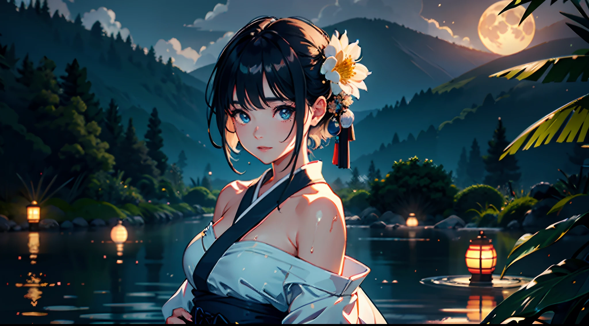 1girl, breasts, moon, lantern, night, solo, large breasts, hair ornament, wet, kimono, japanese clothes, wading, water, hair flower, flower, outdoors, sky, full moon, rain, black hair, off shoulder, mountain, cloud, holding, sash, bare shoulders, paper lantern, standing, white kimono, night sky, sideboob, obi, wet clothes, bangs, tree, from side, reflection, short hair, cloudy sky, wet hair (((masterpiece),(extremely detailed CG unity 8k wallpaper),best quality,,solo,1girl,cinematic lighting,detailed background,beautiful detailed eyes,bright pupils, (an extremely delicate and beautiful),(Beautiful and detailed eye description)， ultra-detailed,masterpiece,)),