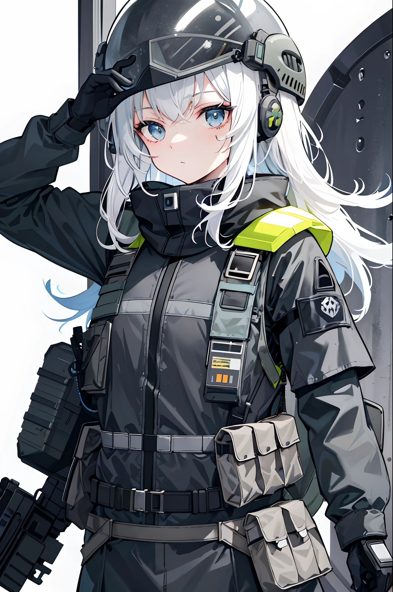 ((Best masterpiece, Perfect quality, Ultra detailed)), A human girl with scared body, Wearing a military cap, Wearing an antique gas mask, Great War soldier, WW1 soldier