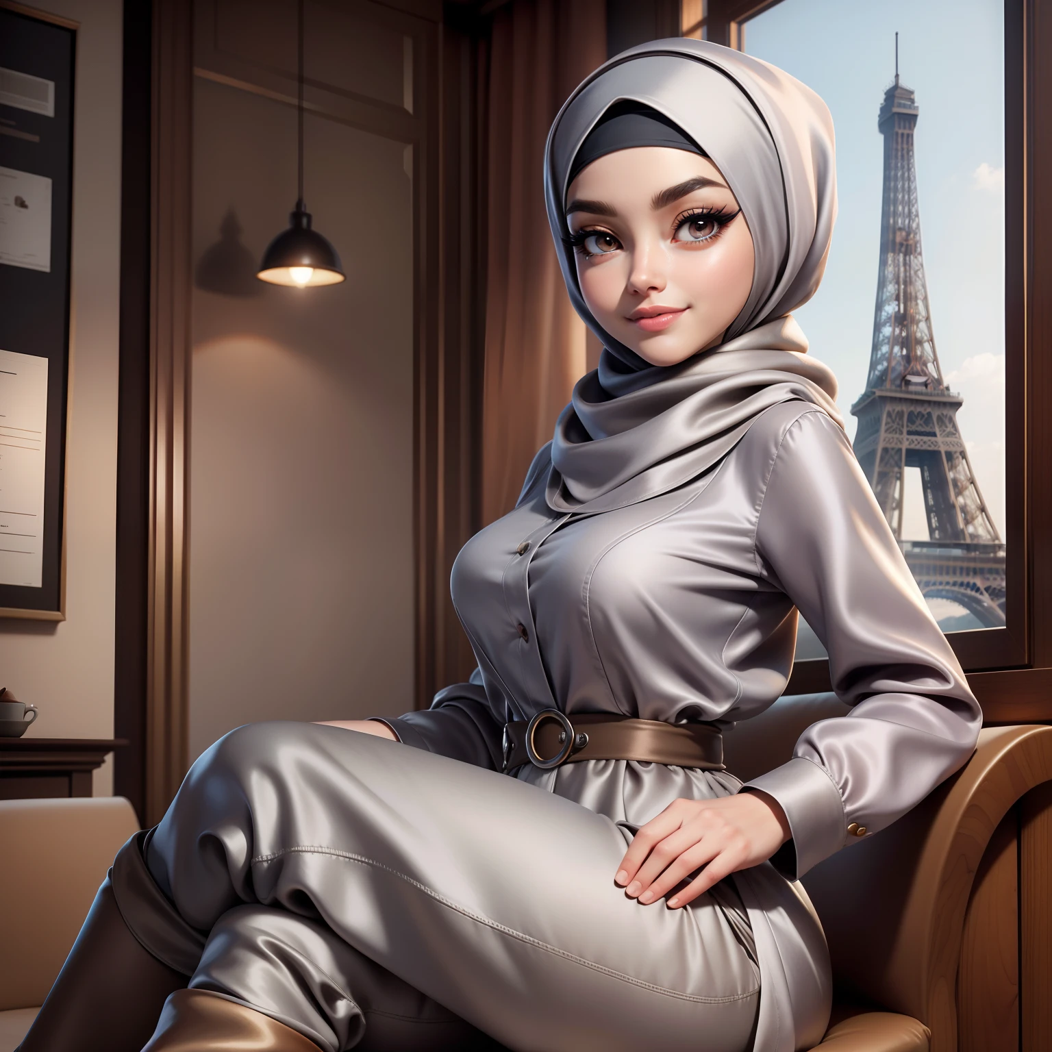 Masterpiece, realistic, best quality, best lighting, 1 girl photo solo, coffee shop, a girl work as barista, beautifully makeup, eyeshadow, Parted Lips, Detailed Eyes, beautiful big eyes, long eye lashes, smile, wearing ((gray satin headscarf)), loosely tide hijab style, ((brown satin shirt)), satin long pants, long coat, Snug Beanie, high cut boots, sitting on a chair, garden, Eiffel tower view