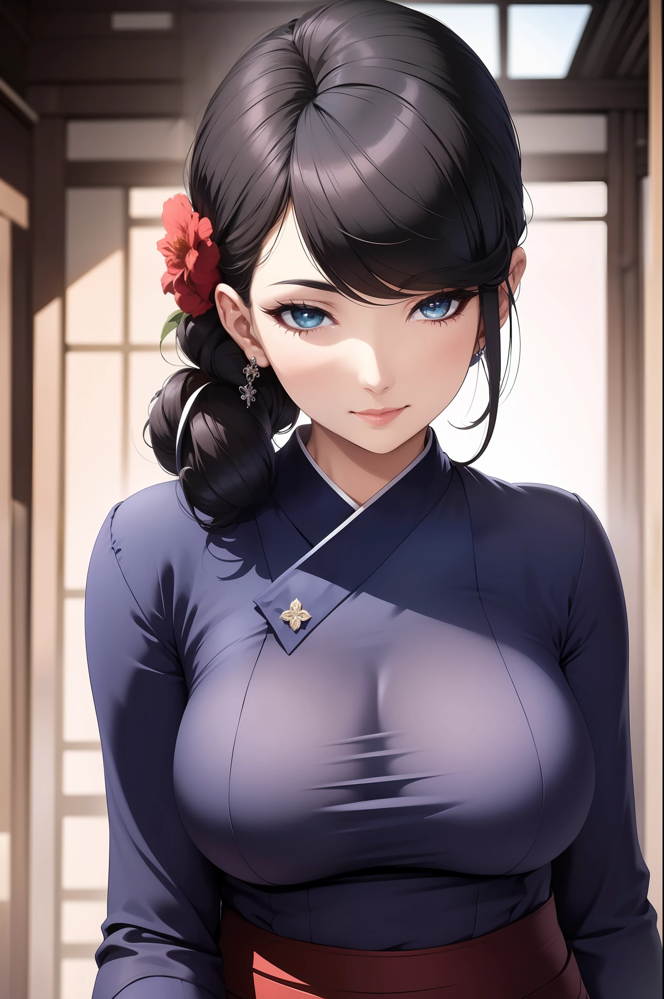 1womanl，Dark blue clothes，tmasterpiece，Close-up shot，looks into camera，Be red in the face，ssmile， detailed finger， beautiful hand， 1womanl， brunette color hair： 1.1， Super detailed face， Detailed lips， Detailed eyes， 二重まぶた，full body1:1，little breast，Dark clothes，komono