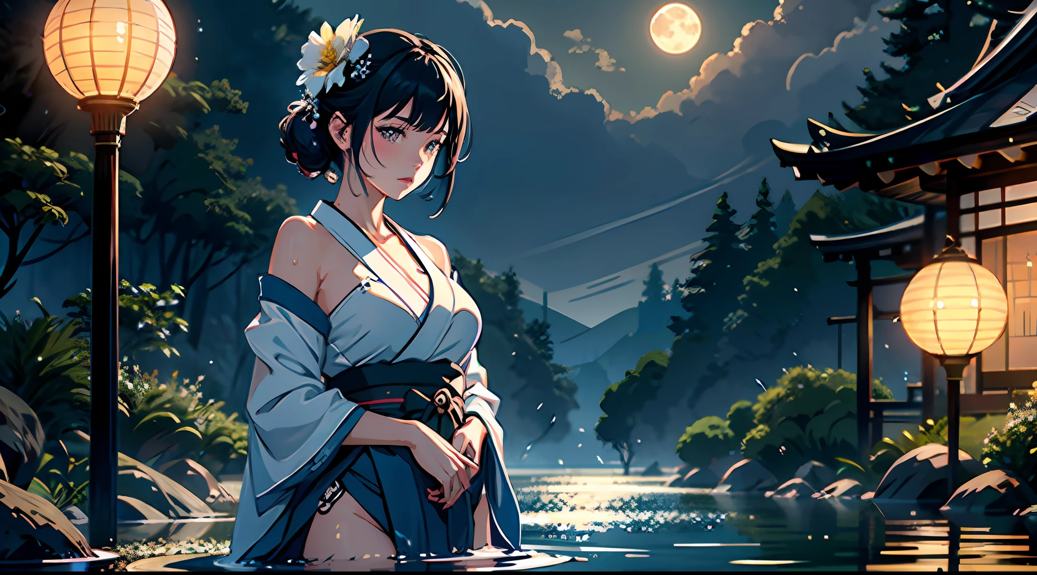 1girl, breasts, moon, lantern, night, solo, large breasts, hair ornament, wet, kimono, japanese clothes, wading, water, hair flower, flower, outdoors, sky, full moon, rain, black hair, off shoulder, mountain, cloud, holding, sash, bare shoulders, paper lantern, standing, white kimono, night sky, sideboob, obi, wet clothes, bangs, tree, from side, reflection, short hair, cloudy sky, wet hair (((masterpiece),(extremely detailed CG unity 8k wallpaper),best quality,,solo,1girl,cinematic lighting,detailed background,beautiful detailed eyes,bright pupils, (an extremely delicate and beautiful),(Beautiful and detailed eye description), ultra-detailed,masterpiece,)),