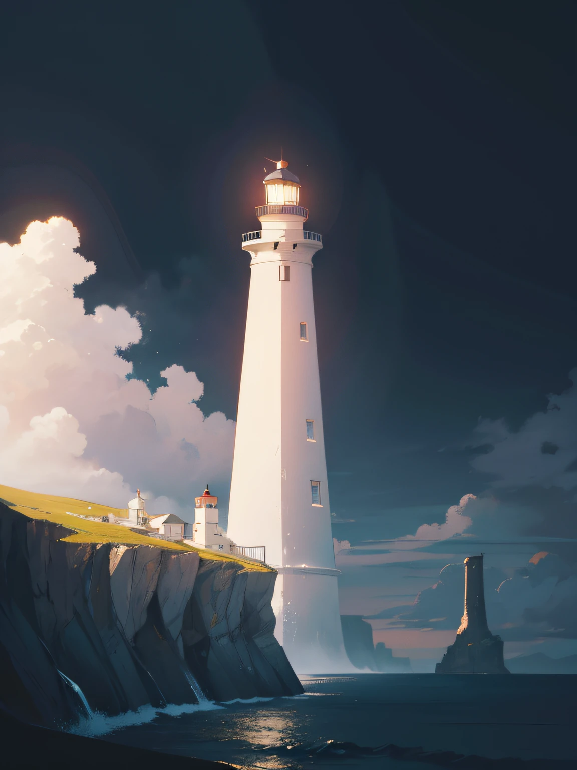 Generate an illustration in an illustrative style featuring a lighthouse perched upon a cliff. The scene takes place at nighttime, with the lighthouse emitting a powerful beam of light that cuts through the darkness and illuminates the sky above. The cliffside landscape should be rugged and dramatic, with crashing waves below. The lighthouse's warm glow contrasts with the cool tones of the night, creating a sense of contrast and mystery. The illustration should capture the solitude and guidance offered by the lighthouse in the midst of the dark and vast expanse