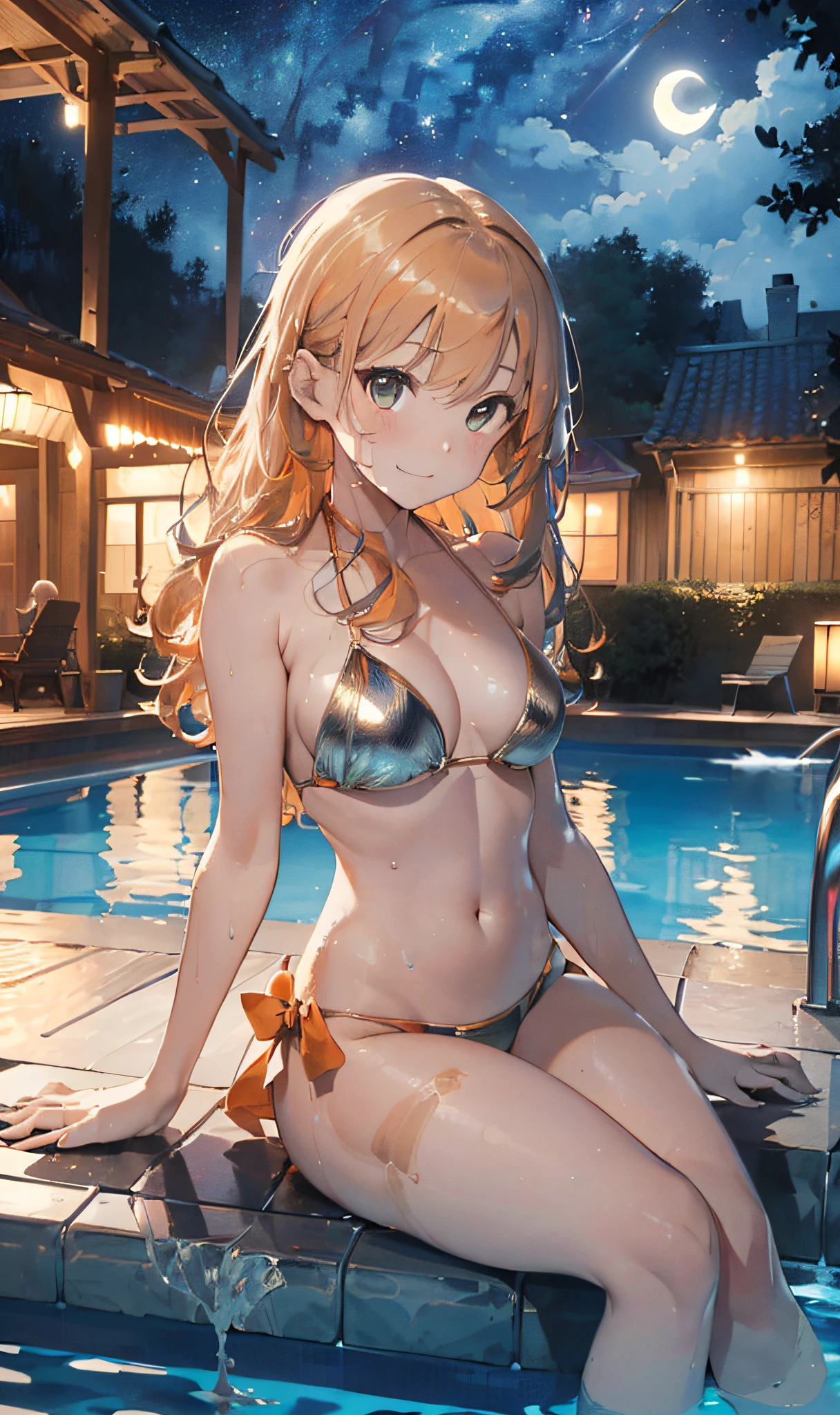 (Master masterpiece、The ultra -The high-definition、extremely fine and beautiful、Ultra-high power of 8 kilometers:2)、(Girl getting wet:1.4)、(Clarity Metallic Orange Bikini:2)、(Transparent skin:1.6)、(Long side tail hair:1.8)、(Beautiful eyes:1.8)、、(Nominal body type)、(Glamorous:1.4)、(musculature:1.4)、(Thin thighs:1.6）、(Thin leg:1.6)、(A smile)、perfectly proportions，Correct anatomy、Good anatomy、(Moon and Milky Way:1.4)、(Dynamic Angle:1.6)、(Dynamic Pose)、(Sit by the pool at night:1.4)、