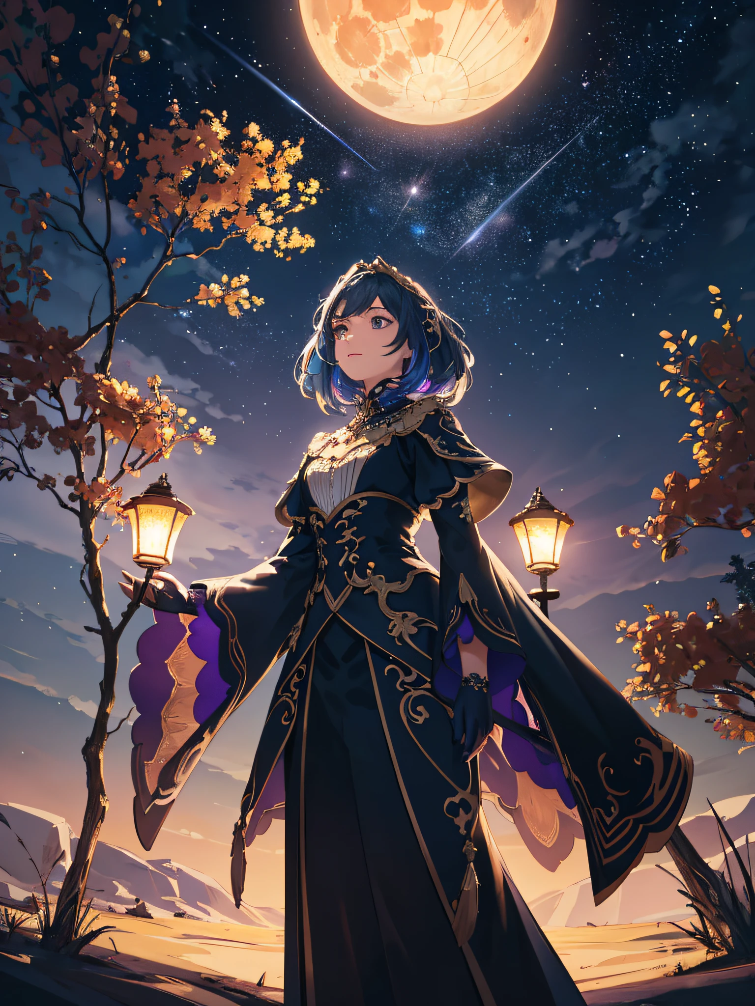 Expansive landscape photograph, (view from below with a view of the sky and wilderness below), girl standing in a flower field looking up, (full moon: 1.2), (shooting star: 0.9), (nebula: 1.3), distant mountain, tree break production art, (warm light source: 1.2), (firefly: 1.2), lamp, purple and orange, intricate detail, volume lighting, realism break (masterpiece: 1.2) (Best Quality), 4K, Ultra-Detailed, (Dynamic Configuration: 1.4), Highly Detailed and Colorful Details, (Iridescent Colors: 1.2), (Glowing Lighting, Atmospheric Lighting), Dreamy, Magical, (Solo: 1.2)