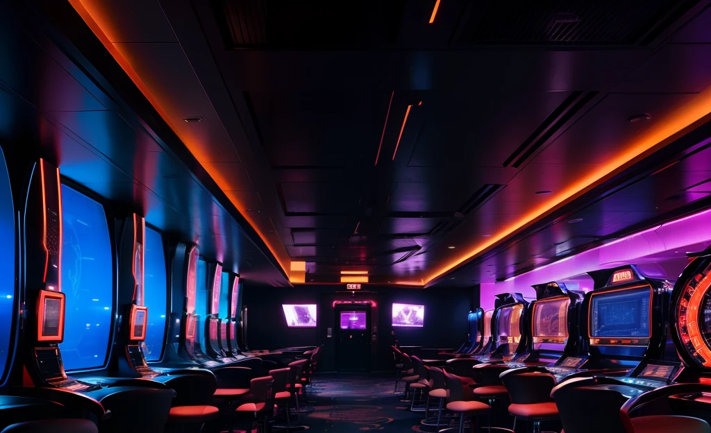 The interior of the casino is in a futuristic style, Discreet gray gamma, Metal walls, On the walls there are panels in the style of sky fi;, hiquality, Gaming tables in the center of the hall, neon rim lights, Discreet gray gamma