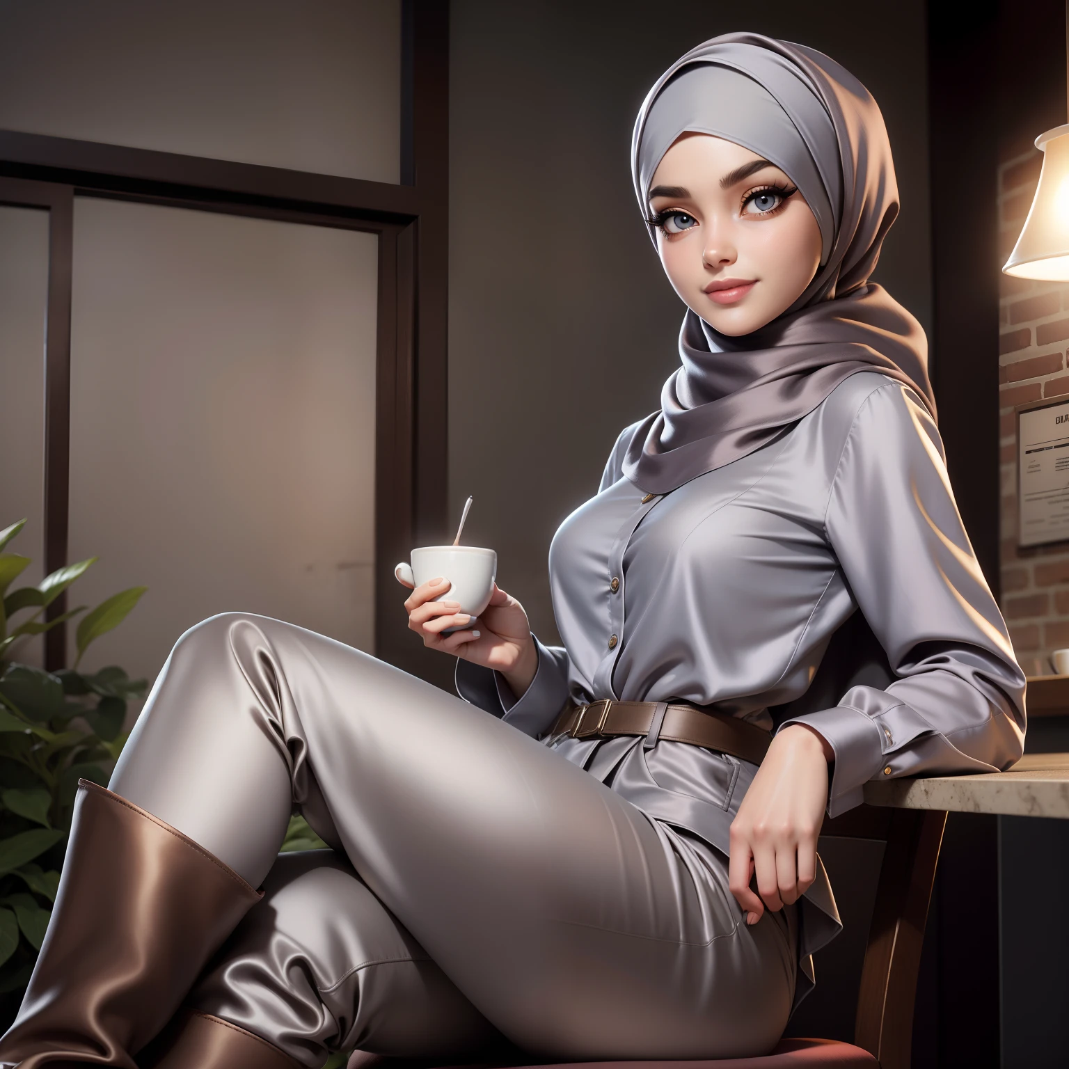 Masterpiece, realistic, best quality, best lighting, 1 girl photo solo, coffee shop, a girl work as barista, beautifully makeup, eyeshadow, Parted Lips, Detailed Eyes, beautiful big eyes, long eye lashes, smile, wearing ((gray satin headscarf)), loosely tide hijab style, ((brown satin shirt)), satin long pants, long blazer, high cut boots, sitting on a chair, garden, Eiffel tower view