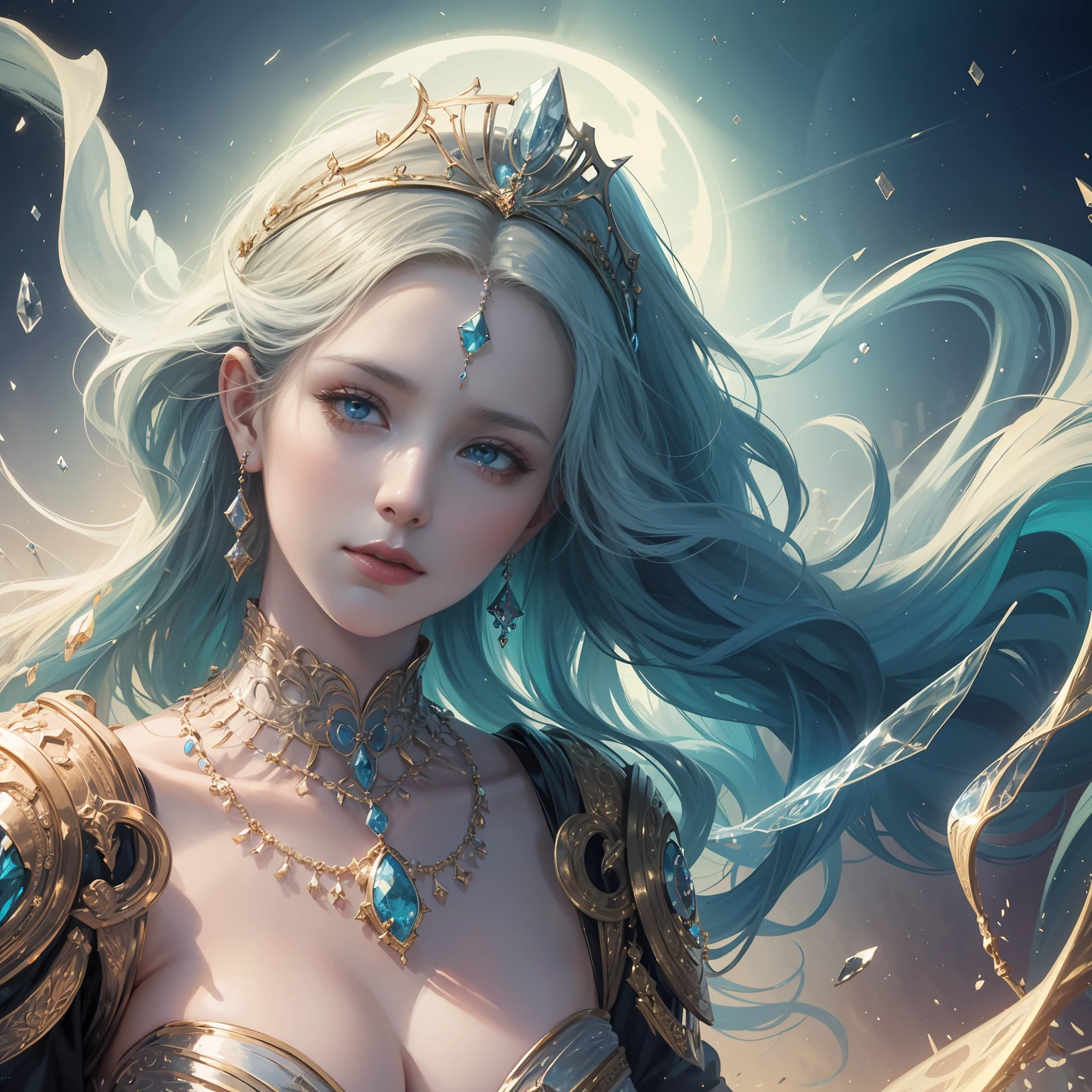 a close up of a woman wearing a necklace and earrings, 8K high quality detailed art, Fantasy art style, Beautiful and elegant queen, ((a beautiful fantasy empress)), Guviz-style artwork, Ethereal beauty, style of wlop, beautiful fantasy art portrait, Beautiful character painting, a beautiful fantasy empress, fantasy style art,softlighting。