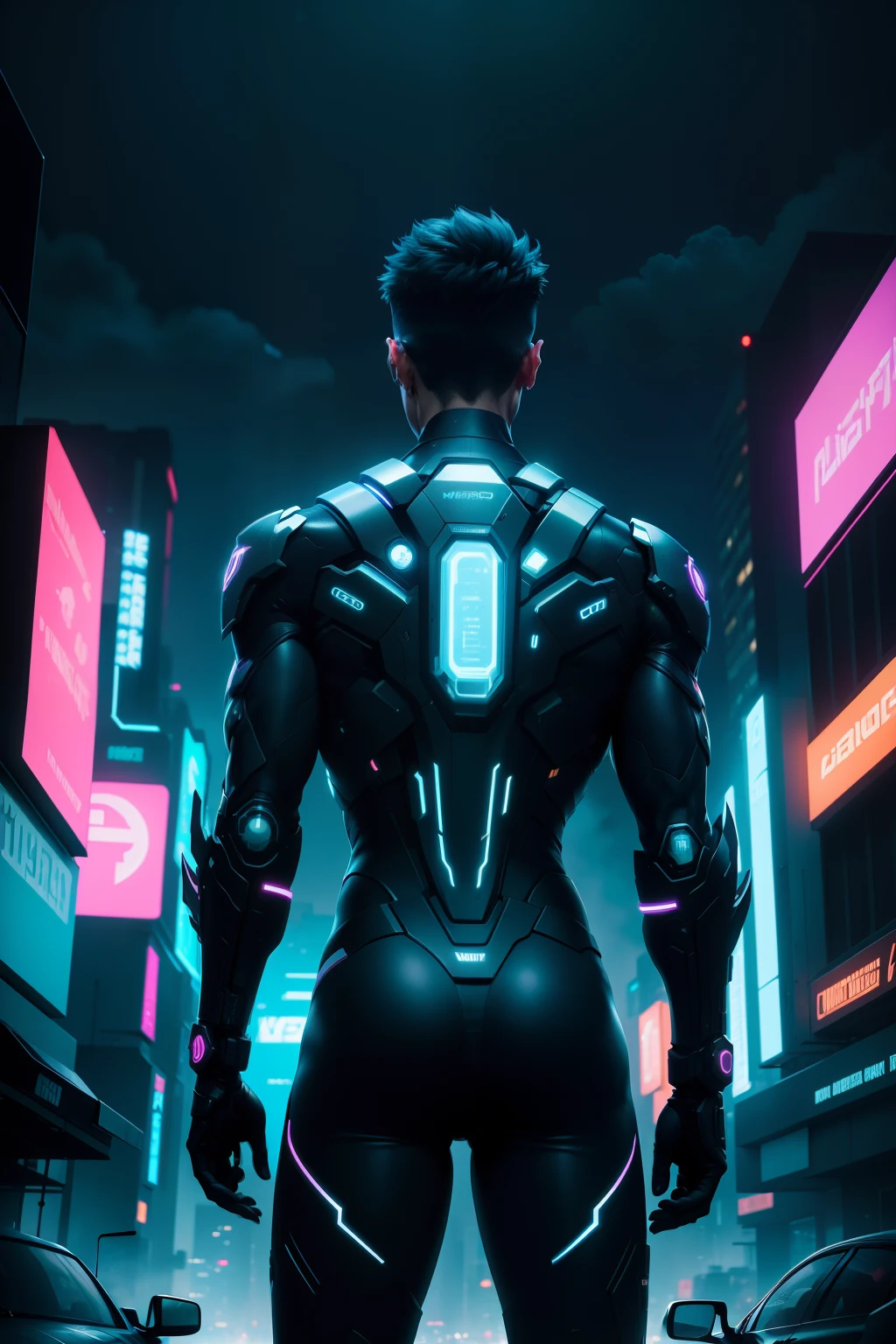 A figure of a man with various technological enhancements and implants, seen from the back, looking to the left side, standing in the middle of a night city with neon lights in a cyberpunk style. Neon blue color dominates. In the background, streets full of futuristic cars with vibrant colors and volumetric light. There are no other figures in the image, only the night city with 4k resolution and dynamic range. The atmosphere is ominous and futuristic with vivid colors and soft focus.