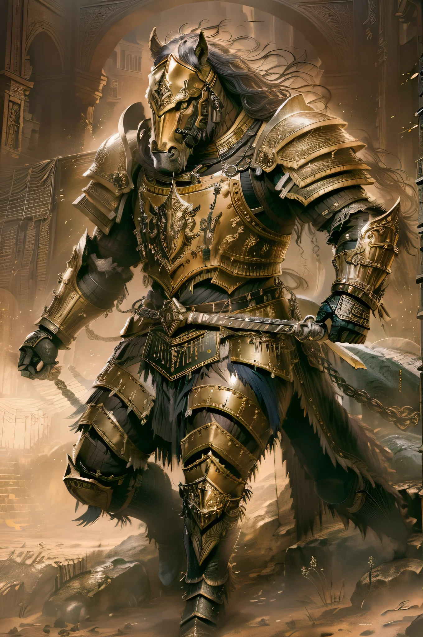 Mustang warrior in armor, Burly body, Mustang face, Horse face，No mask, No helmet, Rough armor, Mustang beasts, dressed in armor, heavy gold armour. Dramatic, Anthropomorphic wild horses, awesome armor, intricate armor, Very strong clothing armor, Mustang Samurai, Detailed fantasy armor, Fantasy armor, Black gold armor, Golden armor