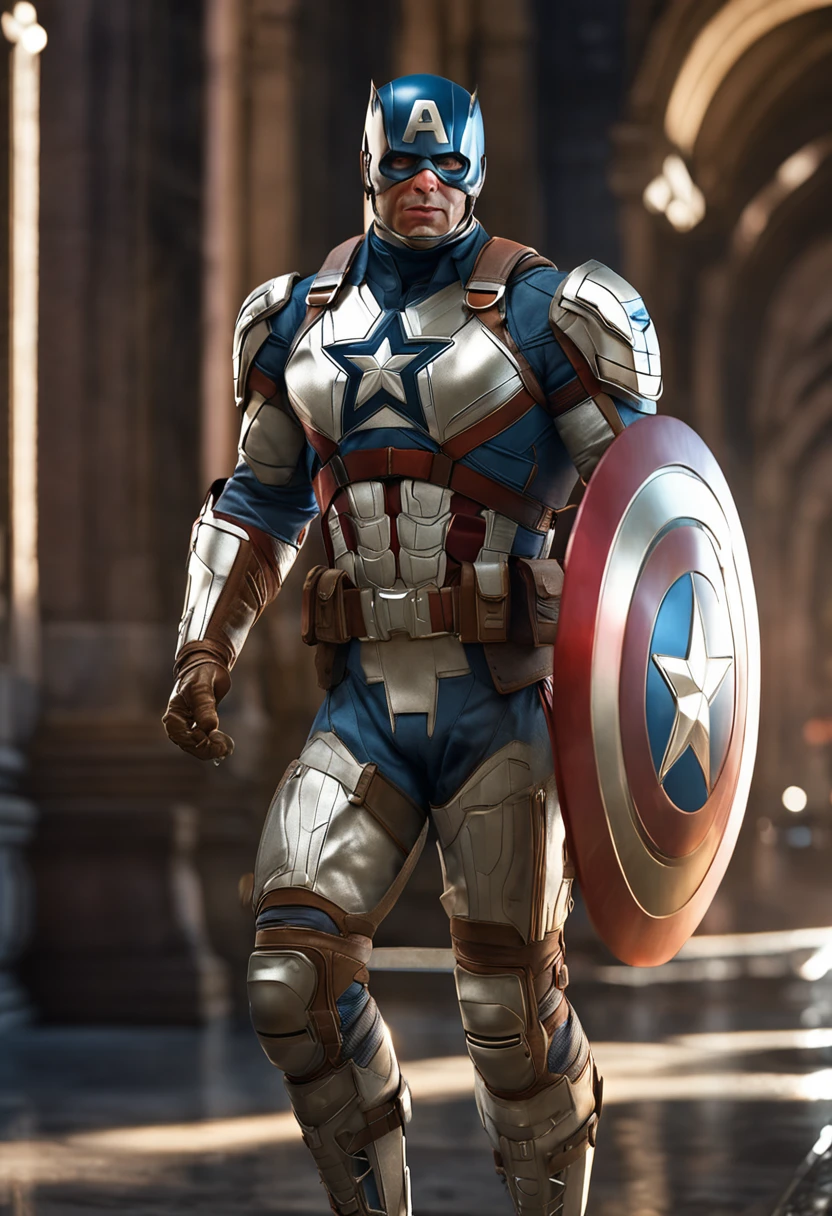 full body shot of captain america in white and gold armour style suit, no mask on, white cape, looking at center camera, perfect composition, beautiful detailed intricate insanely detailed octane render trending on artstation, 8 k artistic photography, photorealistic concept art, soft natural volumetric cinematic perfect light, chiaroscuro, award - winning photograph, masterpiece, oil on canvas, raphael, caravaggio, greg rutkowski, beeple, beksinski, giger, trending on artstation, sharp focus, studio photo, intricate details, highly detailed, night city background, by greg rutkowski