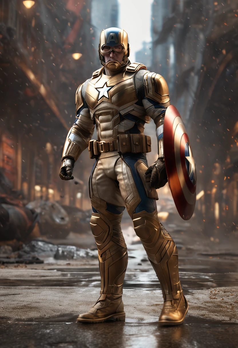 full body shot of captain america  in white and gold armour style suit, no mask on, white cape, looking at center camera, perfect composition, beautiful detailed intricate insanely detailed octane render trending on artstation, 8 k artistic photography, photorealistic concept art, soft natural volumetric cinematic perfect light, chiaroscuro, award - winning photograph, masterpiece, oil on canvas, raphael, caravaggio, greg rutkowski, beeple, beksinski, giger, trending on artstation, sharp focus, studio photo, intricate details, highly detailed, night city background, by greg rutkowski