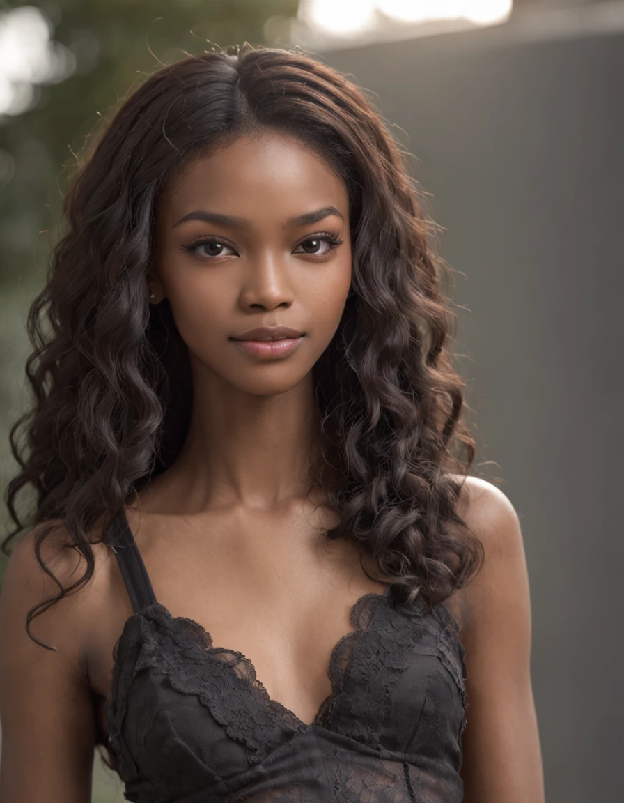 Attractive sexy skinny african american 20 years old black wavy waist-length hair, Looking Back, Humble smile, mesh stockings on the thighs, good abs, Beautiful sexy long legs, (photo-realistic: 1,5) (tmasterpiece: 1,5) (beste-Qualit: 1,5) (color corrected) (Detail Skin: 1,5) (8K) (HDR) (电影灯光) (sharp-focus) (an intricate)
