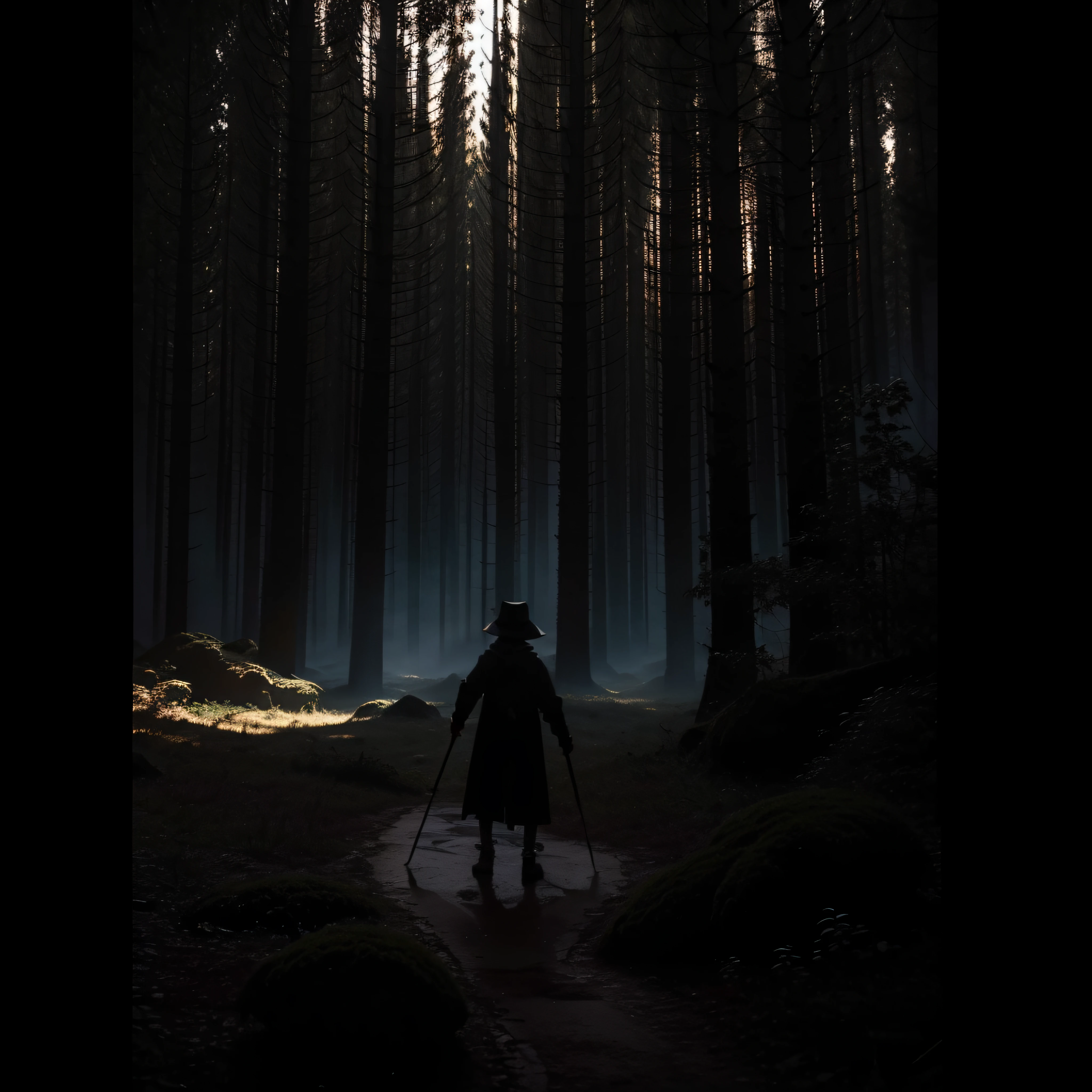 (extremadamente detallado, obra maestra, La mejor calidad, foto antigua, principios de siglo) dark ???, una linterna directa lo ilumina, bosque de noche. plano cercano. sangre por el suelo.