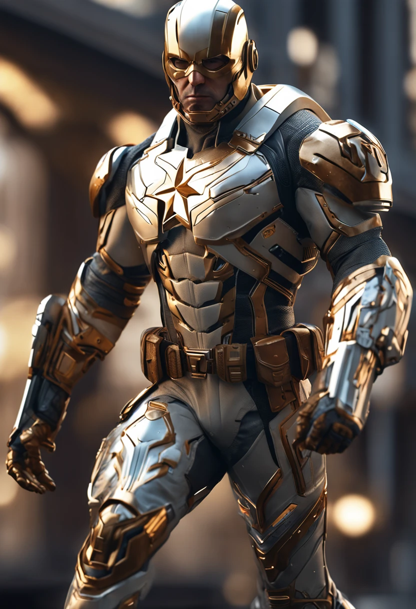 full body shot of captain america  in white and gold armour style suit, no mask on, white cape, looking at center camera, perfect composition, beautiful detailed intricate insanely detailed octane render trending on artstation, 8 k artistic photography, photorealistic concept art, soft natural volumetric cinematic perfect light, chiaroscuro, award - winning photograph, masterpiece, oil on canvas, raphael, caravaggio, greg rutkowski, beeple, beksinski, giger, trending on artstation, sharp focus, studio photo, intricate details, highly detailed, night city background, by greg rutkowski