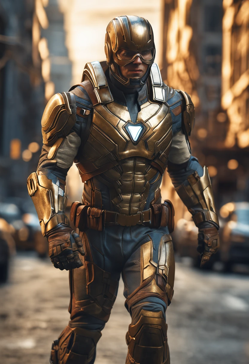 full body shot of captain america in white and gold armour style suit, no mask on, white cape, looking at center camera, perfect composition, beautiful detailed intricate insanely detailed octane render trending on artstation, 8 k artistic photography, photorealistic concept art, soft natural volumetric cinematic perfect light, chiaroscuro, award - winning photograph, masterpiece, oil on canvas, raphael, caravaggio, greg rutkowski, beeple, beksinski, giger, trending on artstation, sharp focus, studio photo, intricate details, highly detailed, night city background, by greg rutkowski