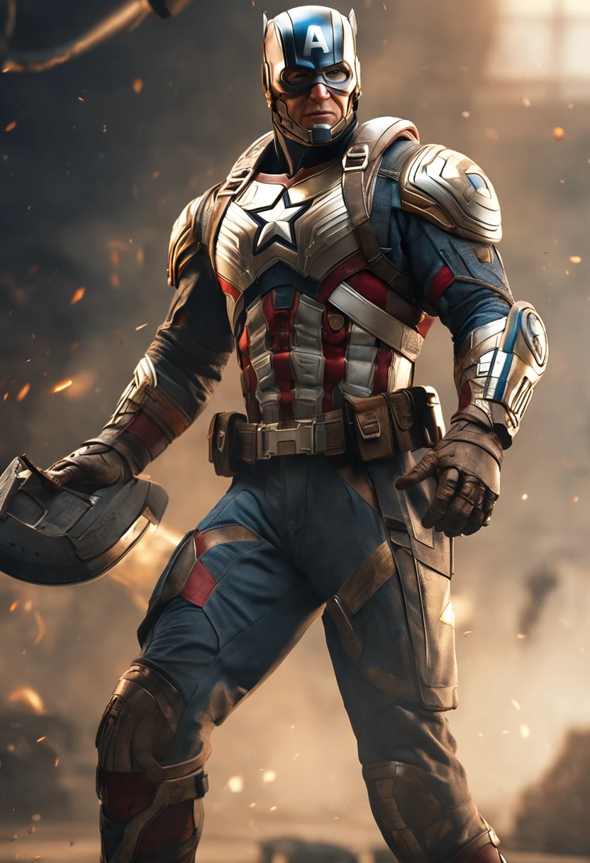 full body shot of captain america in white and gold armour style suit, no mask on, white cape, looking at center camera, perfect composition, beautiful detailed intricate insanely detailed octane render trending on artstation, 8 k artistic photography, photorealistic concept art, soft natural volumetric cinematic perfect light, chiaroscuro, award - winning photograph, masterpiece, oil on canvas, raphael, caravaggio, greg rutkowski, beeple, beksinski, giger, trending on artstation, sharp focus, studio photo, intricate details, highly detailed, night city background, by greg rutkowski