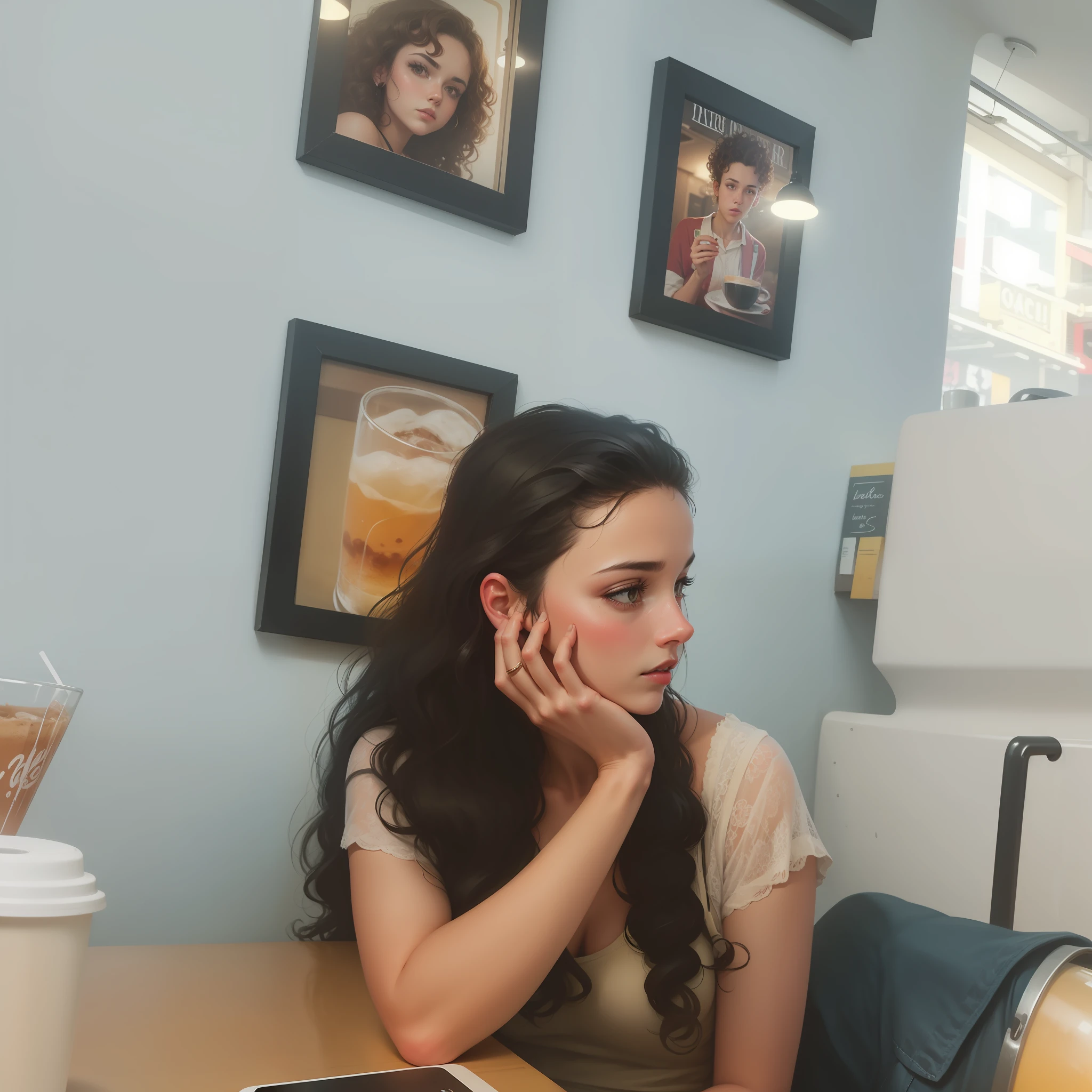 vintage vibe,street photography,retro color grading,curly hair,cafe bar