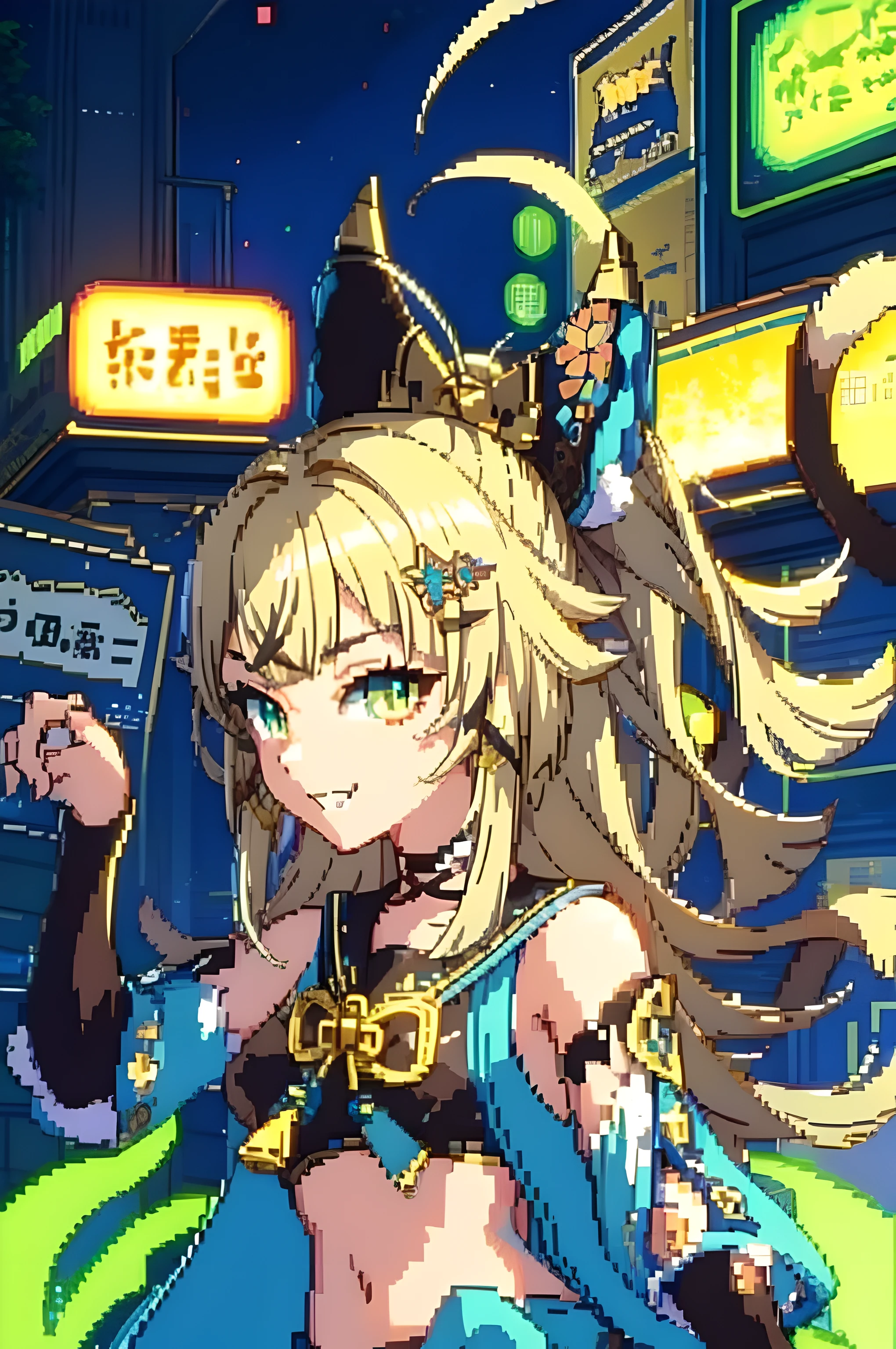 Pixel art, Masterpiece, pix, Kizi,校服,Blonde hair，Cat-eared lady，Full upper body, grin, Sexy movie anime style, adolable，clever，Neon lights at night