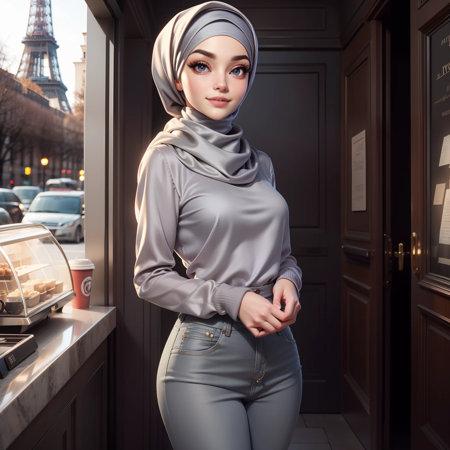 Masterpiece, realistic, best quality, best lighting, 1 girl photo solo, coffee shop, a girl work as barista, beautifully makeup, eyeshadow, Parted Lips, Detailed Eyes, beautiful big eyes, long eye lashes, smile, wearing ((gray satin headscarf)), loosely tide hijab style, Wearing a turtleneck sweater and skinny jeans, high cut boots, Standing in the streets of Paris with the Eiffel Tower in the background