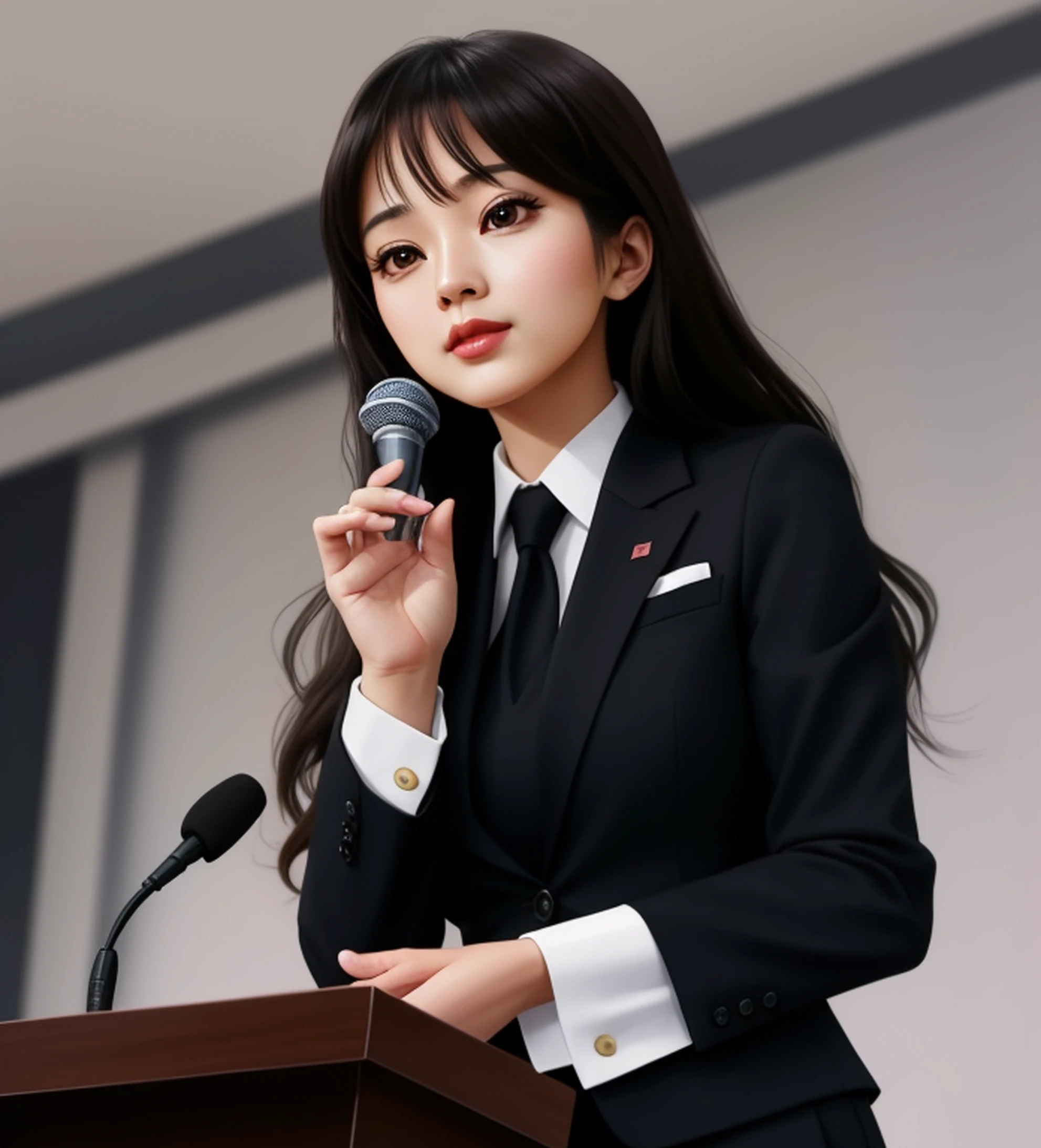 A woman in a suit speaks into a microphone from the podium, lovely digital painting, realistic cartoon, cartoon digital painting, Realistic anime 3 D style, Realistic art style, digital cartoon painting art, realistic art style, high quality digital painting, Girl in suit, Realistic cute girl painting, Beautiful digital artwork, digital art of an elegant, girl in a suit, Beautiful character painting。The nose is a bit big,Long hair,Behind him is the scene of the press conference,The clothes are black,Stand your ground,Master the policy,A thing or two,Be disciplined