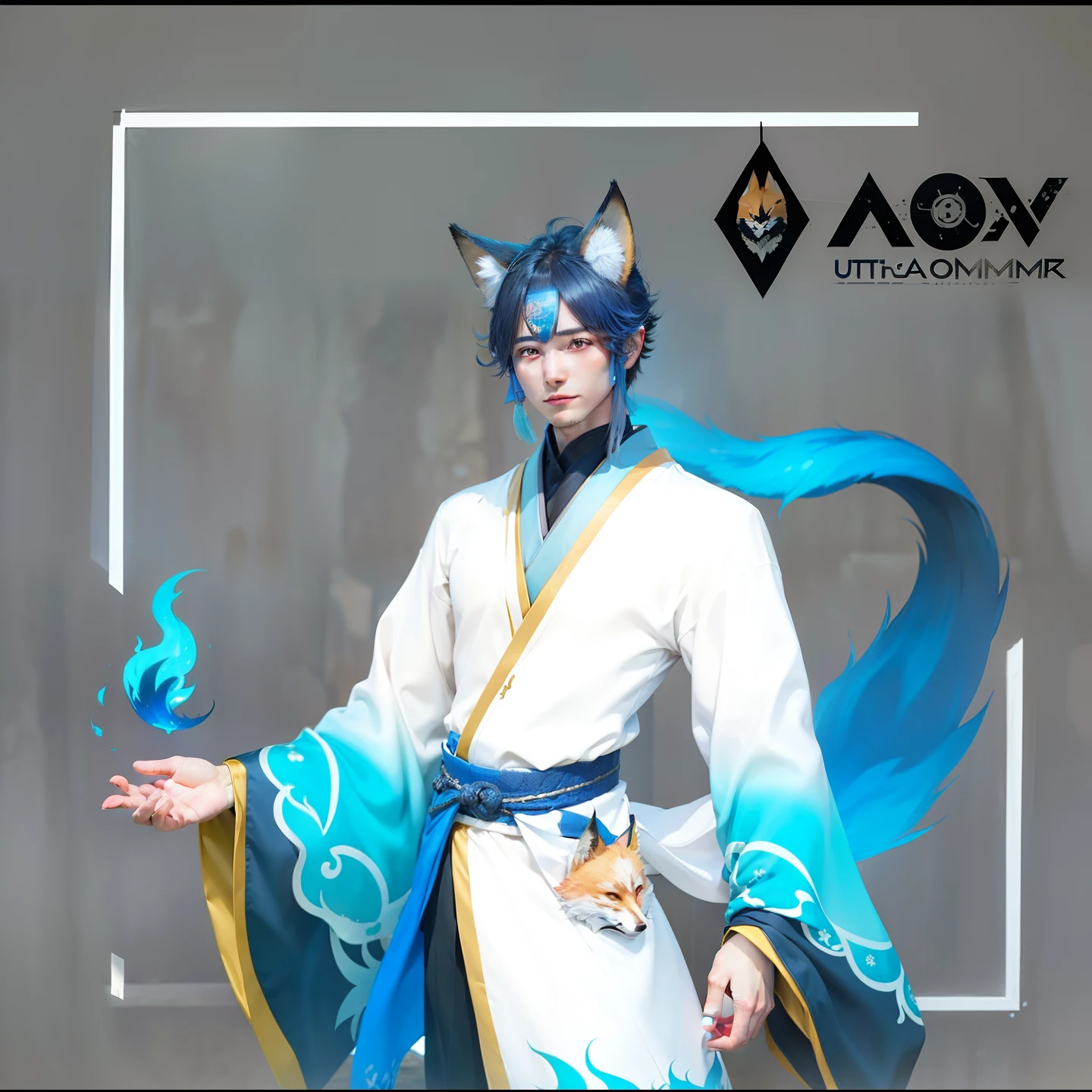 Boy , handsome, charming,kimono,fox ear,fox tail,fox mask, blue fire, realistic,ultra detail, perfect face