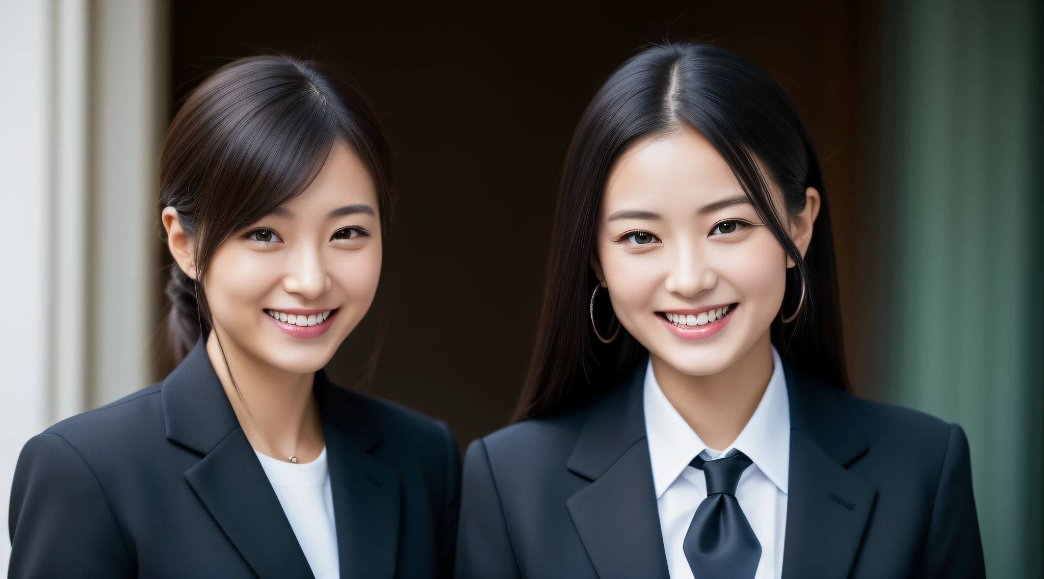 One Woman,(8k, RAW photo, best quality, masterpiece:1.2), Smiling woman in black jacket and white shirt standing in office、Woman in business suit, A Japanese Lady, young business woman, elegant japanese woman, Wearing a business suit, Confident々Smile at, Woman in black business suit, a young asian woman, Girl in suit, Girl in a suit, confident grin, asian female, wearing a business suit, outdoors business portrait,