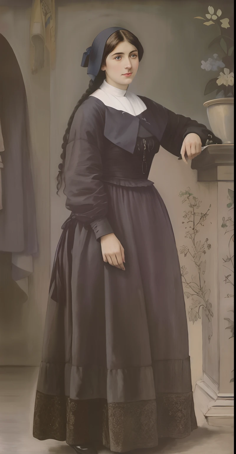 There's a woman in a long dress next to a pot, inspirado em Francesco Hayez, Bem Modelo de Moda, mulher em vestes pretas, retrato feminino vitoriano, jovem vitoriana triste fantasia senhora, Uma bela mulher vitoriana, Senhora Vitoriana, inspirado em Constance-Anne Parker, Bem Enxoval, inspirado por James Tissot, inspirado em Francisco Oller, majestosa mulher de santo