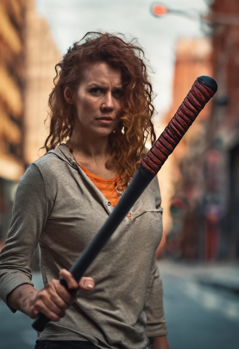 a crazy woman with a baseball bat in her violent, aggressive hand.