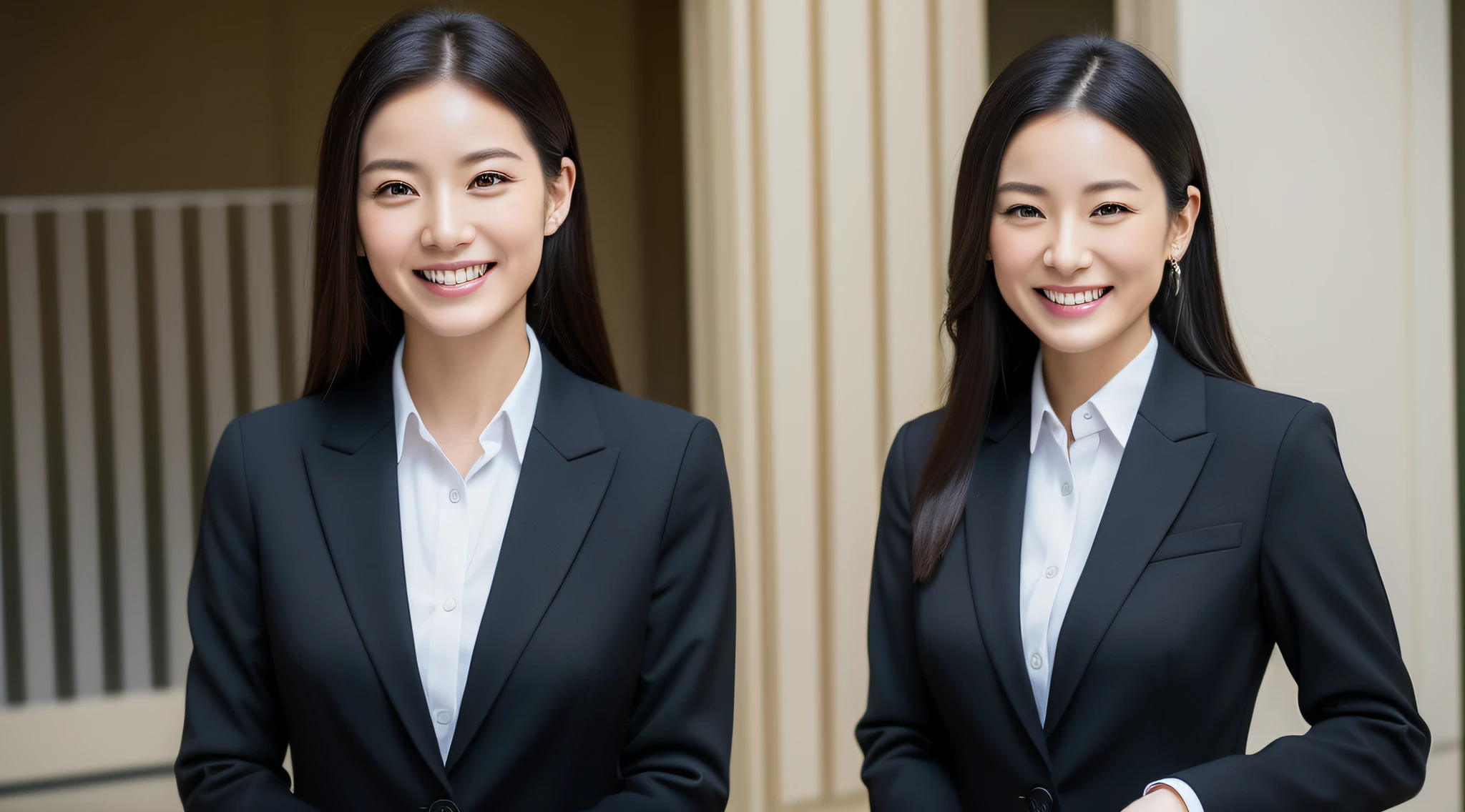 One Woman,(8k, RAW photo, best quality, masterpiece:1.2), Smiling woman in black jacket and white shirt standing in office、Woman in business suit, A Japanese Lady, young business woman, elegant japanese woman, Wearing a business suit, Confident々Smile at, Woman in black business suit, a young asian woman, Girl in suit, Girl in a suit, confident grin, asian female, wearing a business suit, outdoors business portrait,