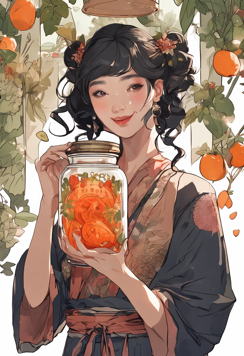 (masterpiece, best quality), 1 girl smiling, Chinese dress, upper body, makeup, hair ornament, black hair, holding a big glass jar full of liquid, kombucha glass jar, fruit, detailed face, beautiful, perfect face, white background.