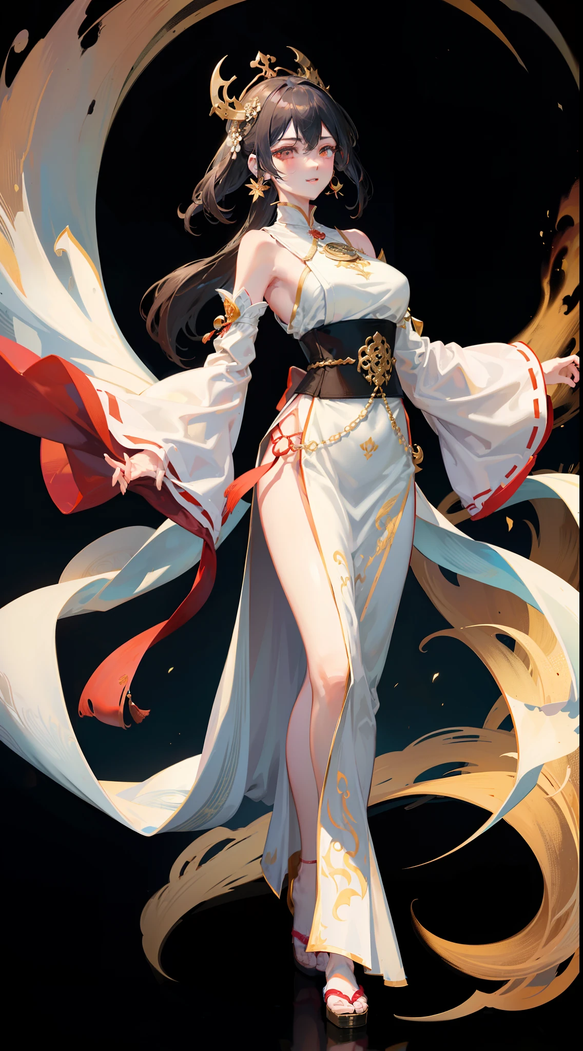 Ancient Hanfu，Dunhuang long dress，Dunhuang style，Fly Dunhuang，Wide robe with large sleeves，faeries，Step shake，Hairpins，Whole body diagram，head to toe，Bunched hair，crown of head，Hanfu，heroic look，Cold and glamorous，Indifferent eyes，Extremely beautiful，Handsome，Mature woman，Noble temperament，beautiful and seductive，Peerless beauty，Fine，perfect bodies，hair adornments，long whitr hair，Absolutely beautiful，Black belly，Smile，the detail，Perfect details，Detail portrayal