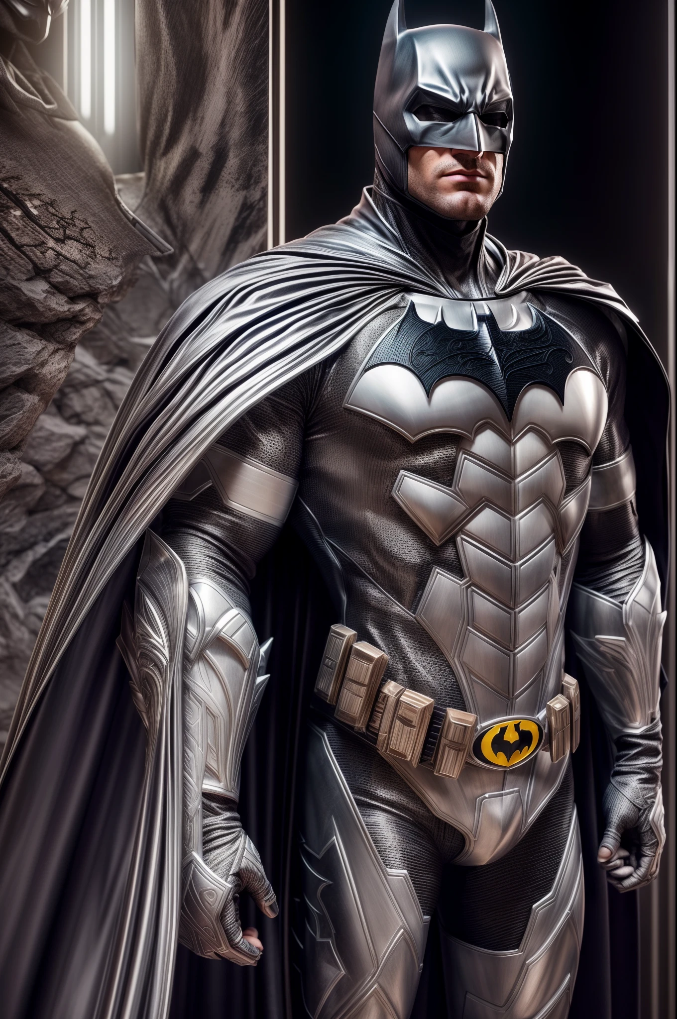 An intricate silver and carbon batman cybiotics suit, extremely detailed suit, silk Cape, micro-details, photorealism, one light, dark photo, deep shadows, shallow depth of field, photorealistic, Surrealism, high quality, masterpiece, 8k, 8k, super detail, full body portrait