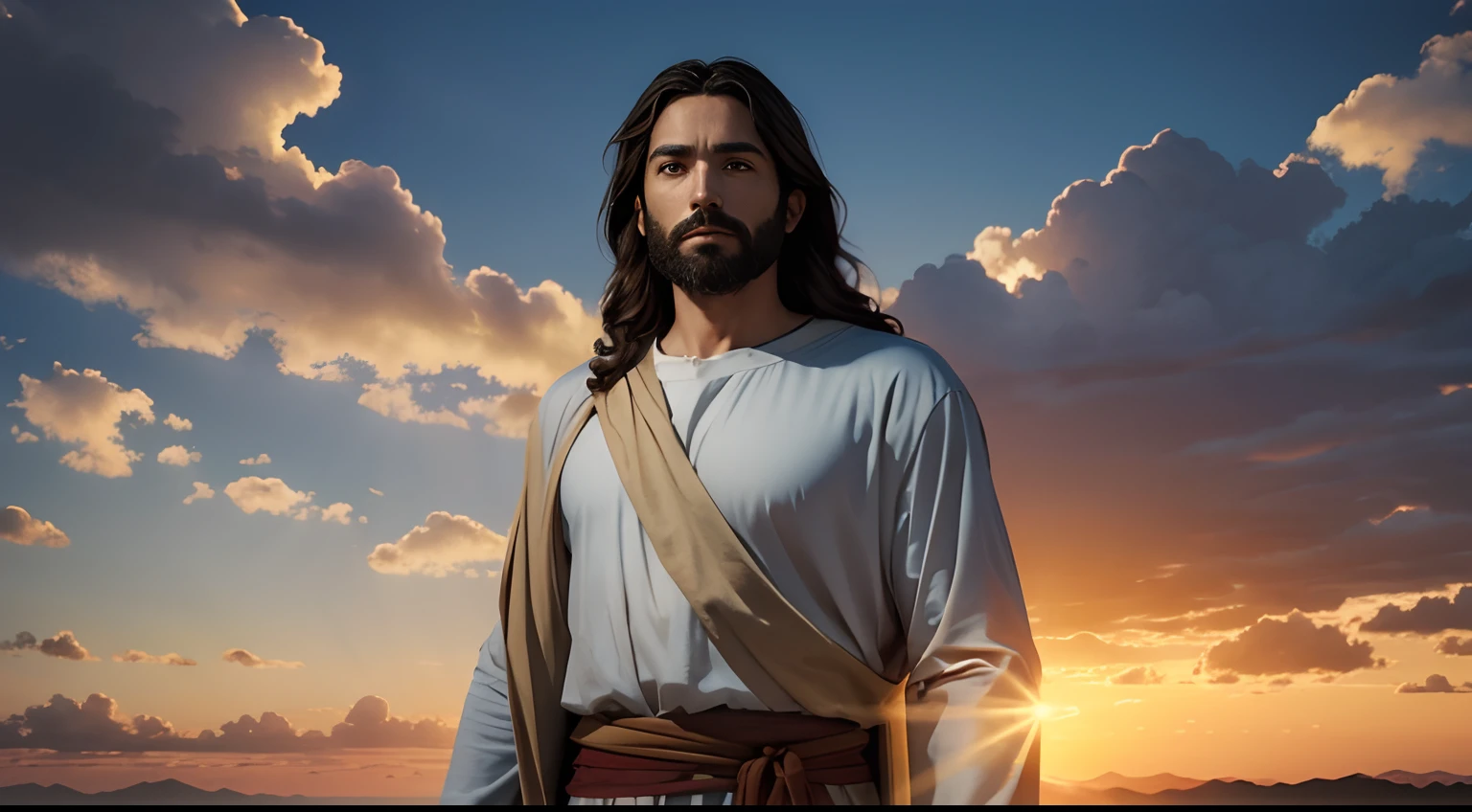 A portrait of Jesus, full body, sky, clouds, sunset, sacred aura, cinematic, realistic light