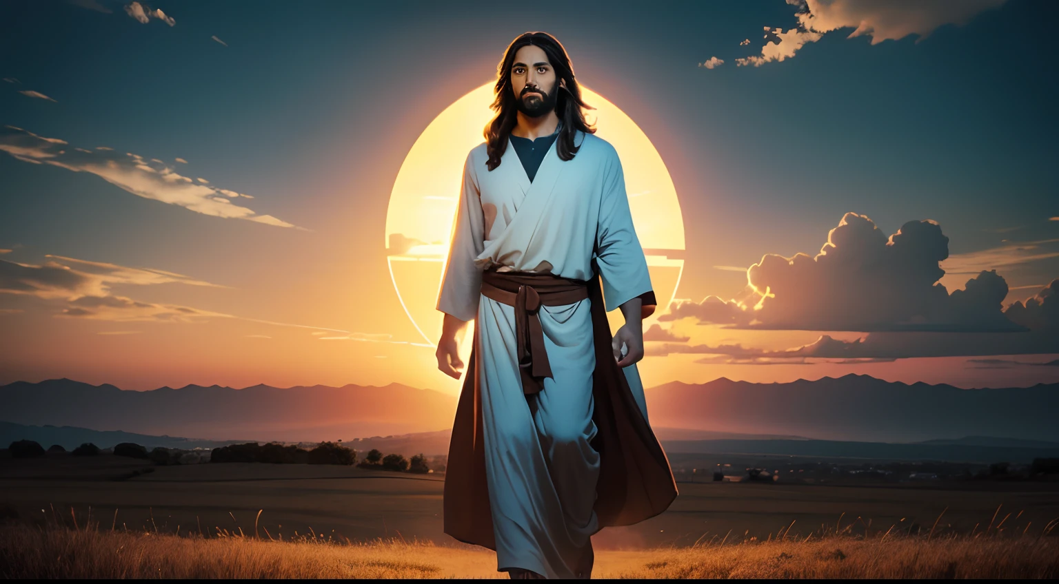 A portrait of Jesus, full body, sky, clouds, sunset, sacred aura, cinematic, realistic light