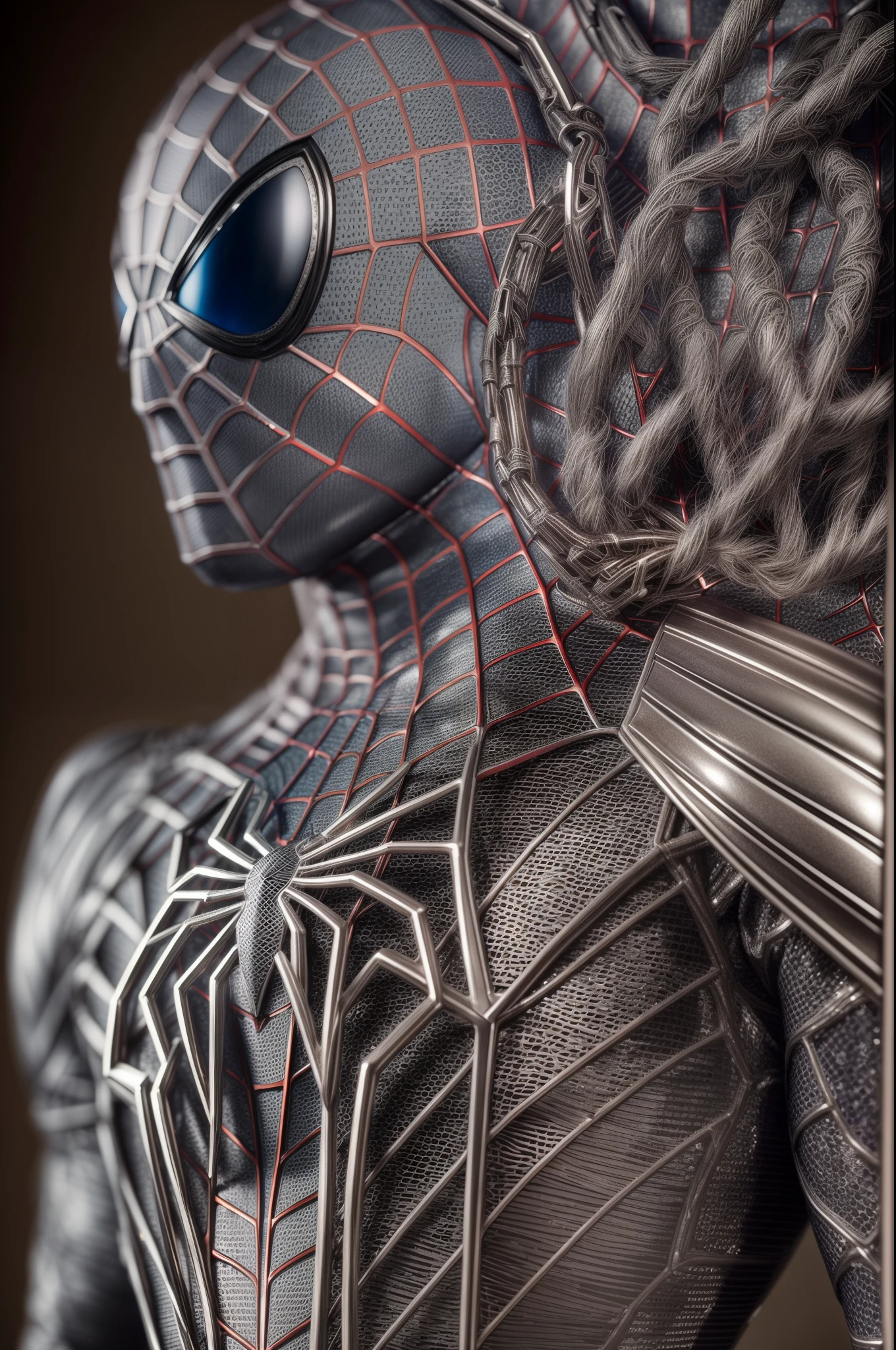 An intricate silver and carbon Spiderman cybiotics suit, extremely detailed suit, micro-details, photorealism, one light, dark photo, deep shadows, shallow depth of field, photorealistic, Surrealism, high quality, masterpiece, 8k, 8k, super detail, full body portrait