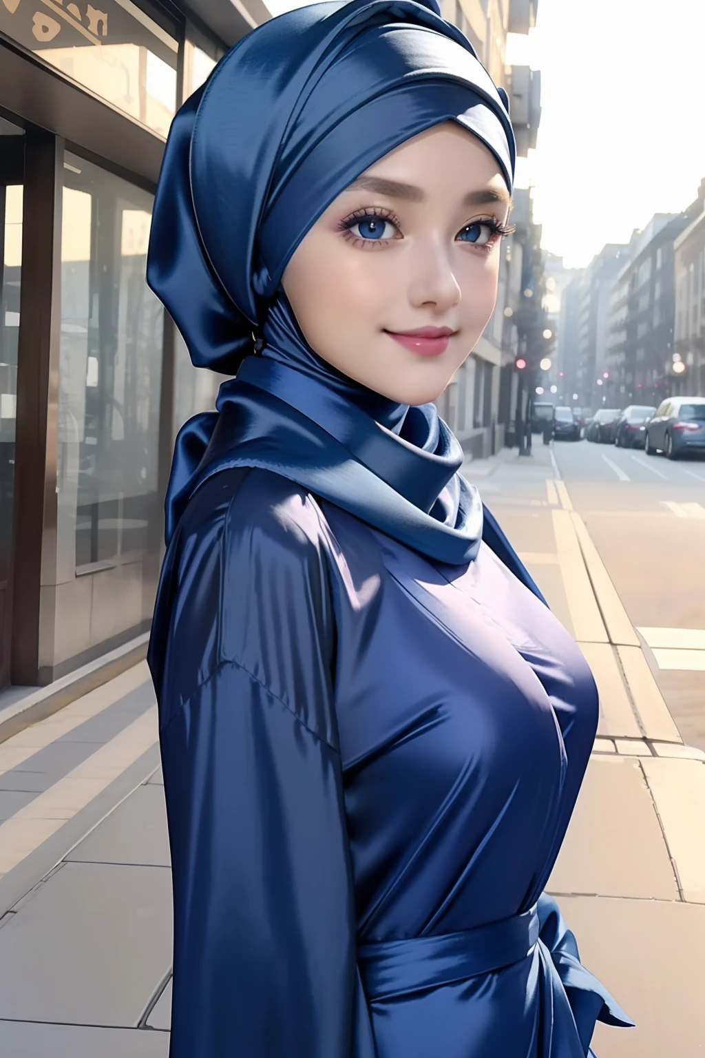 Masterpiece, realistic, best quality, best lighting, 1 girl photo,solo, beautifully makeup, eyeshadow, Parted Lips, Detailed purple Eyes, beautiful big eyes, long eye lashes, smile, wearing ((blue satin headscarf), loosely tide hijab style), ((navy blue satin long shirt)),walk surrounded by beautiful natural landscapes, autumn fall, full body, medium breast