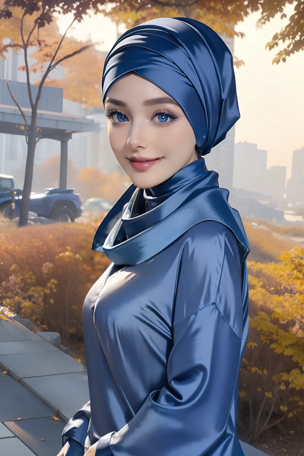 Masterpiece, realistic, best quality, best lighting, 1 girl photo,solo, beautifully makeup, eyeshadow, Parted Lips, Detailed purple Eyes, beautiful big eyes, long eye lashes, smile, wearing ((blue satin headscarf), loosely tide hijab style), ((navy blue satin long shirt)),walk surrounded by beautiful natural landscapes, autumn fall, full body, medium breast