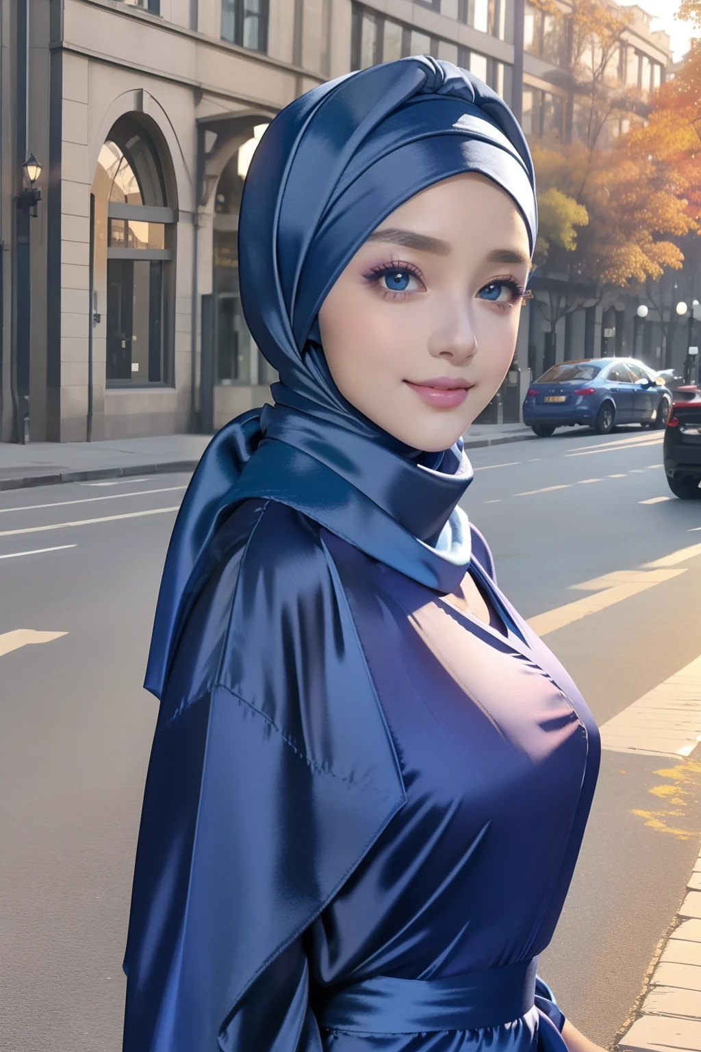 Masterpiece, realistic, best quality, best lighting, 1 girl photo,solo, beautifully makeup, eyeshadow, Parted Lips, Detailed purple Eyes, beautiful big eyes, long eye lashes, smile, wearing ((blue satin headscarf), loosely tide hijab style), ((navy blue satin long shirt)),walk surrounded by beautiful natural landscapes, autumn fall, full body, medium breast