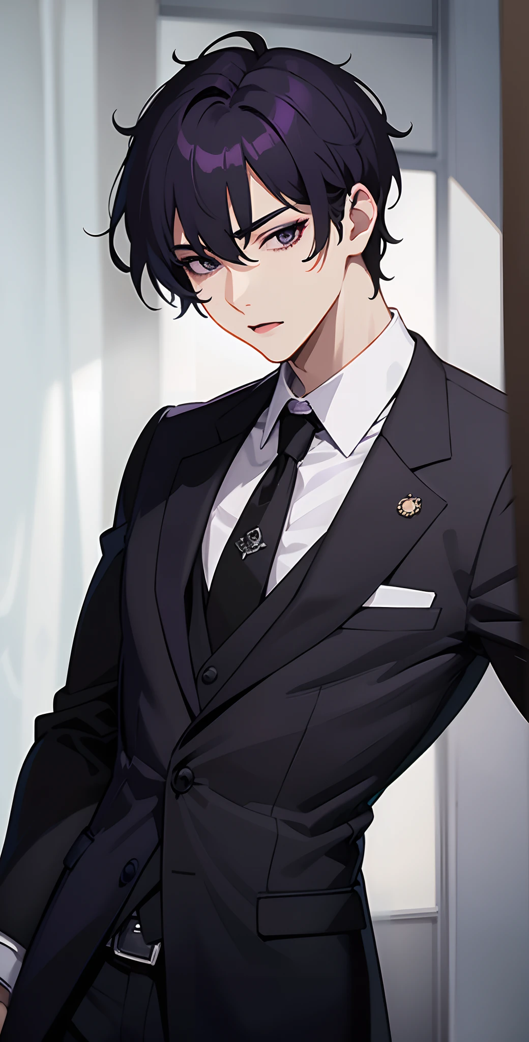 top-quality、masterpiece、hight resolution、Purple shorthair、well-muscled、Expensive suit in black、Handsome man、a handsome、light skinned、Black eye makeup、Black lipstick