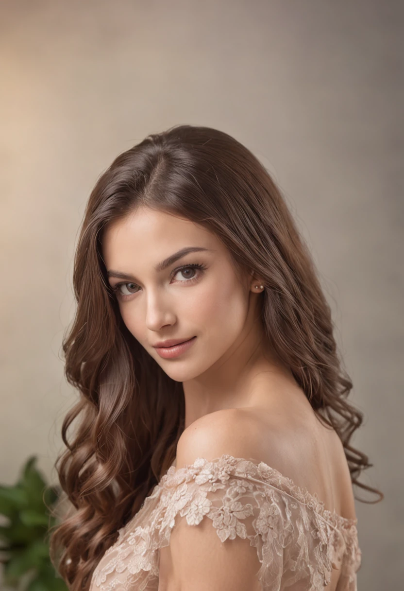 Mulher jovem de cabelos ruivos, vestido sensual ajustado ao corpo, sorriso leve e doce, roupa provocante com decotes