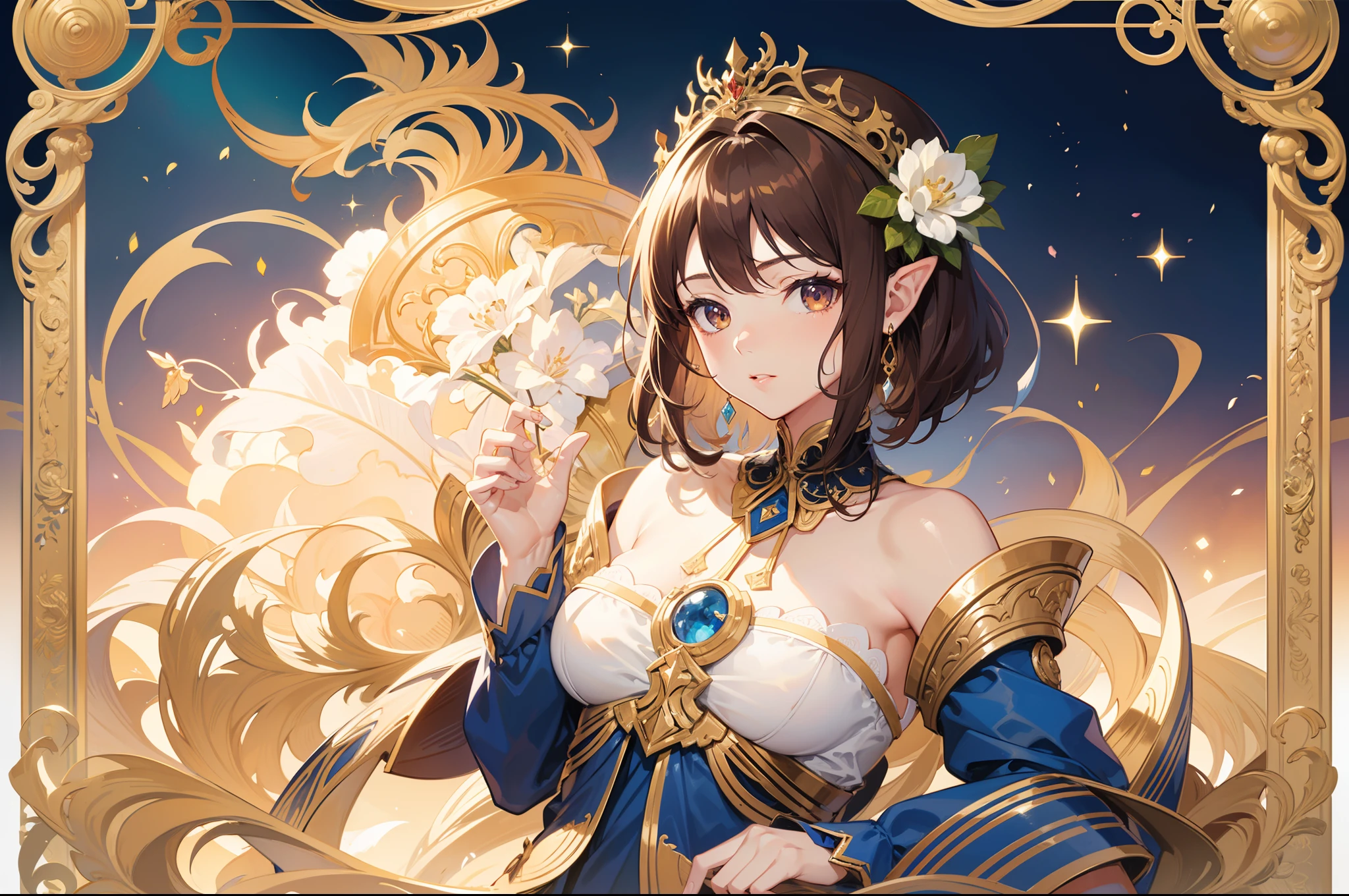 Official Art, Masterpiece European female face,elvish, short hair, chestnut brown hair , brown eyes , Flower Frame ,Decorative panel , jugendstil , (​masterpiece、top-quality、hight resolution: 1.4),in 8K,color splashes、line-drawing、Fibonacci、Drawing of a woman with short chestnut brown hair and a crown, Anime Art Nouveau, Detailed Digital Anime Art, portrait knights of zodiac girl, highly detailed exquisite fanart, anime fantasy illustration, clean detailed anime art, detailed anime art, Sharp Focus, (Beautiful gorgeous cute woman:1.3), (Beautiful cute woman:1.3), Delicate Beautiful Hair and Eyes and Face, realisitic, ultra-detailliert, a beauty girl,A slender, Pretty breasts and buttocks、Dynamic hair、Detailed cestnut brown hair