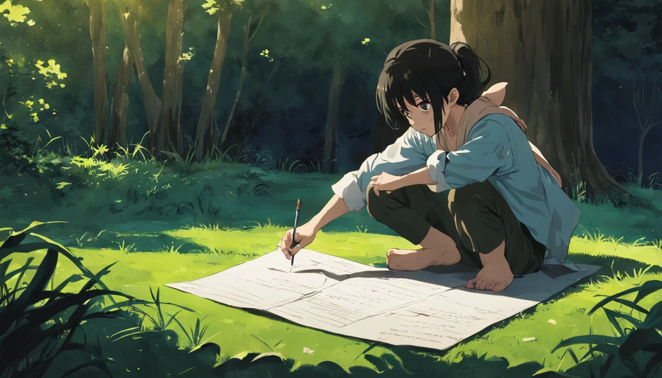 /imagine prompt: A man squatting on the ground, pointing to a piece of paper on the floor, which is filled with various rules and tips. The surroundings are an open grassland, and when the wind blows, the writing on the paper sways gently,