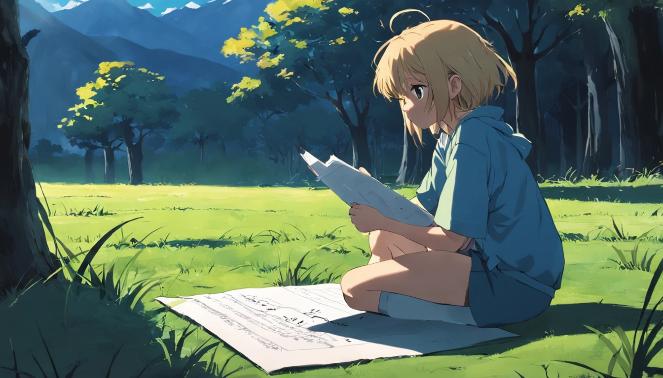 /imagine prompt: A man squatting on the ground, pointing to a piece of paper on the floor, which is filled with various rules and tips. The surroundings are an open grassland, and when the wind blows, the writing on the paper sways gently,