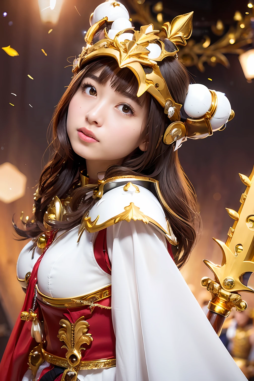 (masutepiece), Professional , ​masterpiece、top-quality、photos realistic , depth of fields （Gemstone Silver Metal Body:1.９),(Matte Pink、Jewel Gold Weapon（Jewel Metal Body:1.４),Gorgeous metal weapons、（Gorgeous Brave Armor） , Detailed Sword of the Brave , Beautiful knife   ,warhammer 40k , adepta sororitas,Detail and ornate jewel crown、Black hair、Gangle's forest background、Beautiful Caucasian beauty、１a person、dynamic ungle,(((Detailed and ornate diamond crown)))、Smaller head、A smile、Take a sexy pose、Background inside the castle、Thin and beautiful female hands、