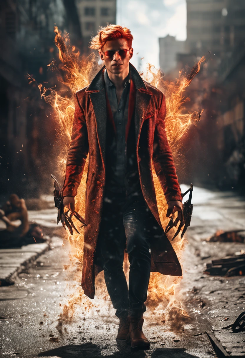 portraiture, Broken glass effect, Vivid yellow flame, Ethereal sparks, Mesmerizing colors, Fierce and elegant men, Strong gaze, Flowing fiery red hair, Dynamic aerial pose, Broken environment, Urban chaos background, cinematic backlighting, Strong contrast, postapocalyptic vibes, 85mm prime lens, Canon EOS R6, Wide aperture, HDR enhancement, 4K 分辨率, Visual storytelling, Emotional intensity, The phoenix appears. ::n_ The color is not good, , Manga, 。.。.3D, Ugly, jpg artifacts, anime big breast, Cartoon, Worst quality, Low quality, EasyNegative, picure, a sketch, Normal quality, airbrush, Makeup cropping, Deformed, Deformed, Noisy, Blurry, contortion, Semi-realistic, ..CGI, Renders, Sketch, watermarked, Bad proportions, unfocused, Hazy, bblurry, Copy a face, manicured, cut, shorten, contortion, deformity, deformity, Copy, Copy, Reproduce, Compression artifacts, Digital noise, pixilated, standard deviation, Below standard grade, branding, logo, Minimum standards, Worst grade, Worst resolution, Supersaturation, Oversaturation, badly drawn, strange colours, Blurry, Glaring shadows, extra limb, Muscular, Painting, the number, Renders, anime big breast, Sketch, Saturated, frame, Border, Side, Trim, casing, Deformed, gross proportions, limb deformity, cheesy, smooth, plastic, low res, float, poor lighting, Poor composition, underexposed, Poor contrast, Low contrast, flat lighting, Glaring shadows, Blow highlights, Crushed blacks, color shift, Colored tassels, color difference, Moiré pattern, Portate, Posterization, noise, Compression artifacts, Barely, Bad anatomy, Bad proportions, fusedfingers, incorrect hands, Extra fingers