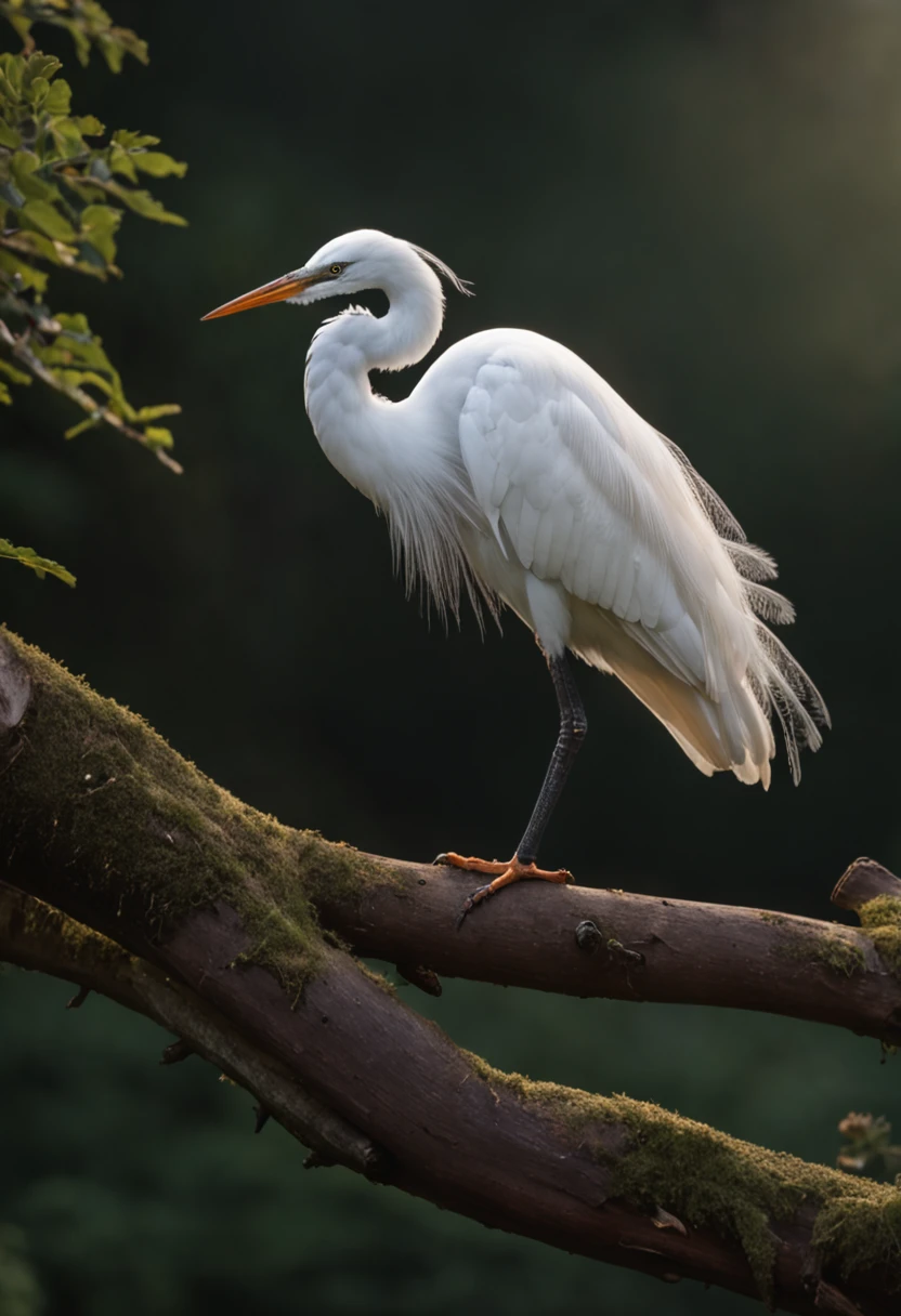 The egret stands gracefully on the branches, Strong morning light diffuses through the mist,Slowly rise, Its white feathers stand out in dramatic side lighting