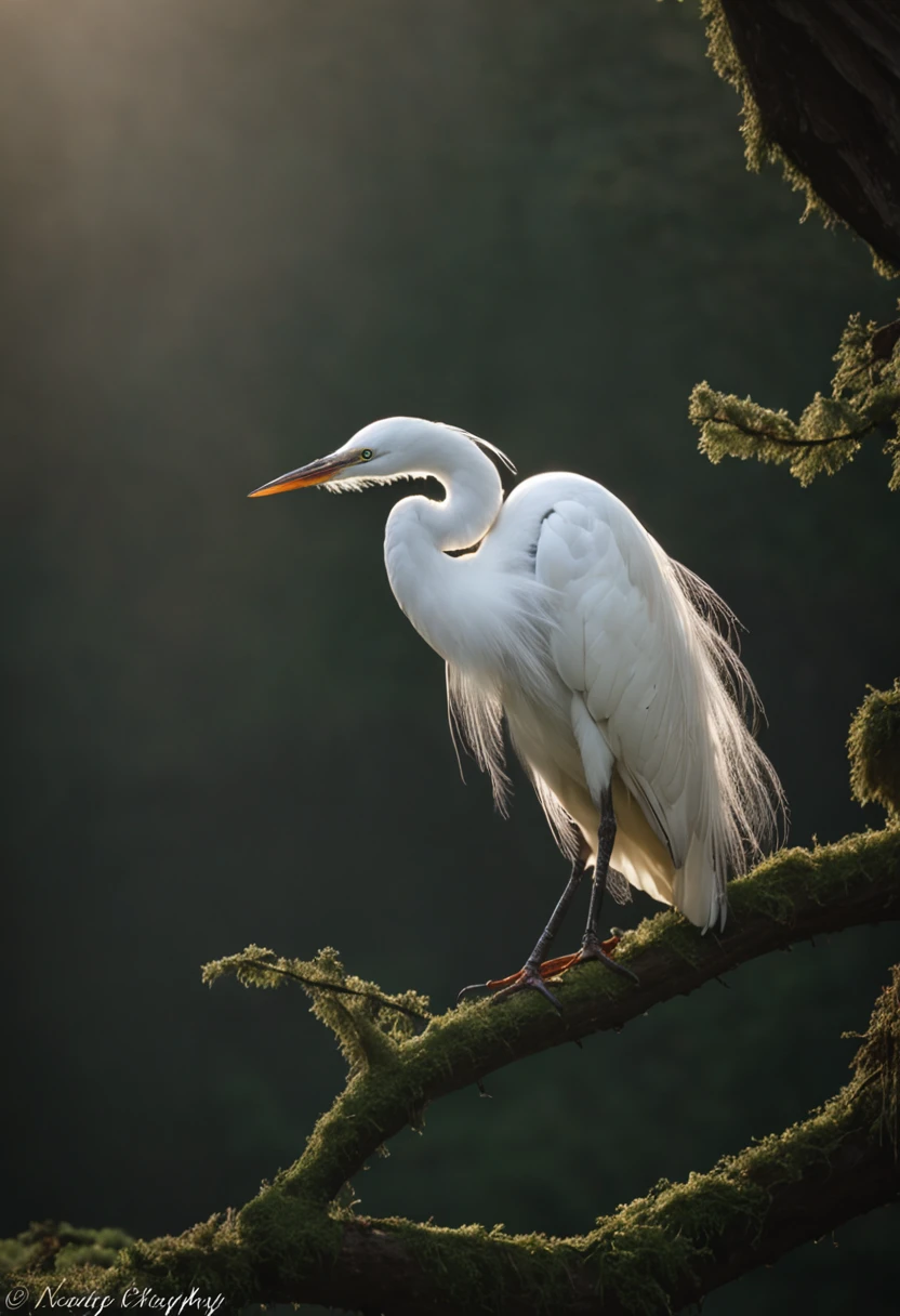 The egret stands gracefully on the branches, Strong morning light diffuses through the mist,Slowly rise, Its white feathers stand out in dramatic side lighting