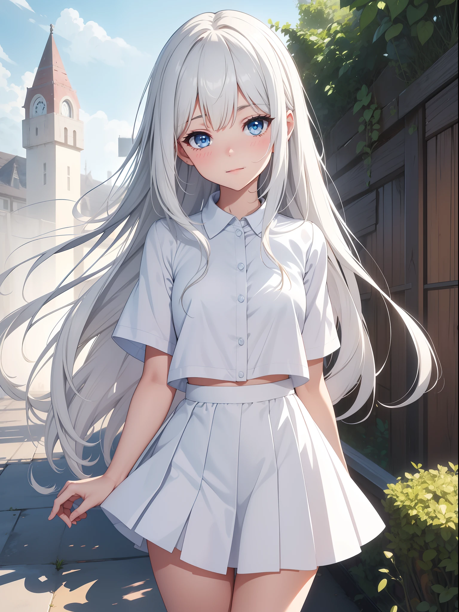 Top quality ultra-detailed CG art、Upper body naked、white panty：１.２）White the、Glossy hair、smooth hair、large blue eyes,Mid summer、Delicate body、cheerful girl、On the rooftop、Painting、student clothes、shortsleeves、a miniskirt、ssmile、Skirt twisting、Windy